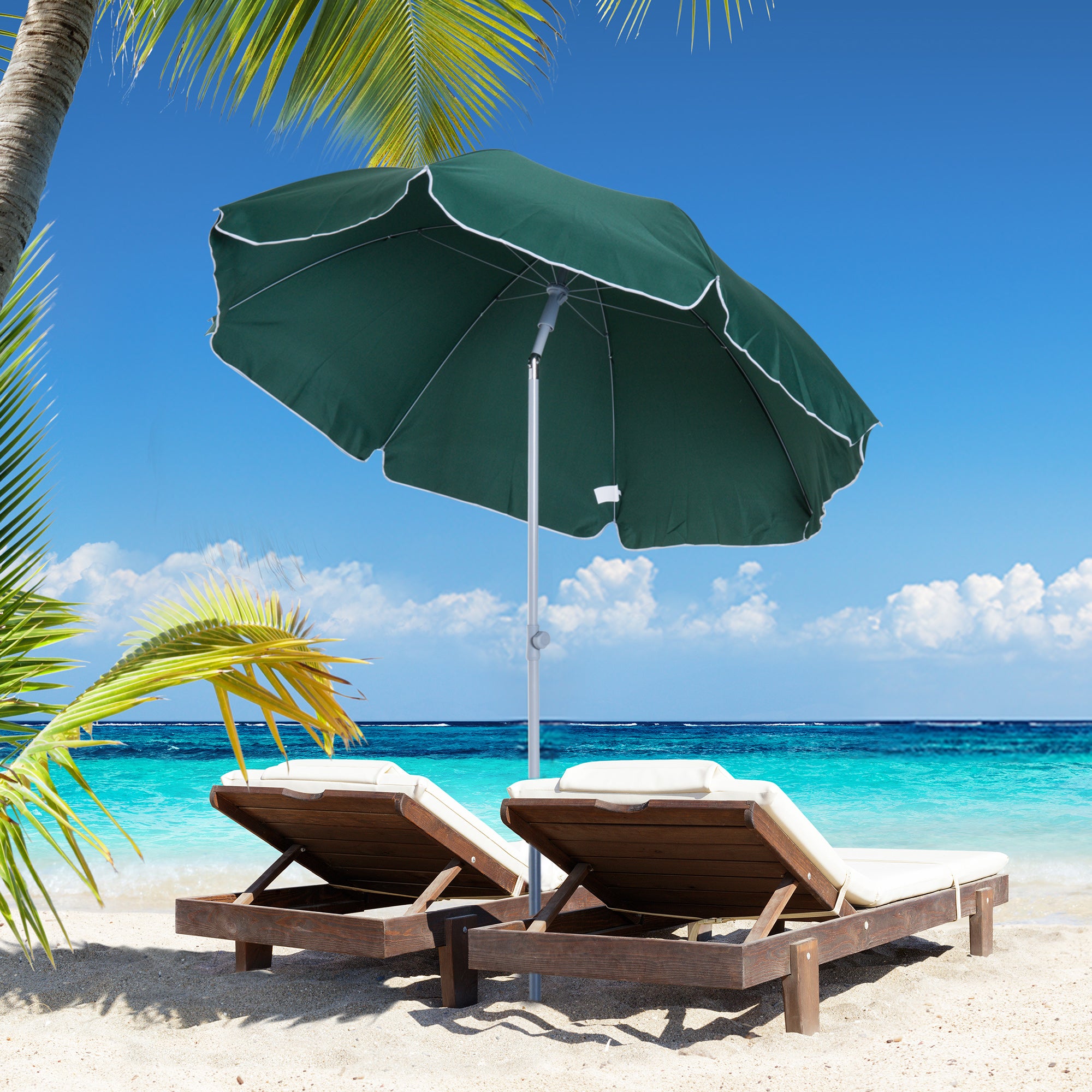 Outsunny 2.2m Beach Umbrella, Portable Parasol with Tilting Function, Outdoor Sunshade Shelter with 8 Ribs, Green - North Peak Garden Furniture