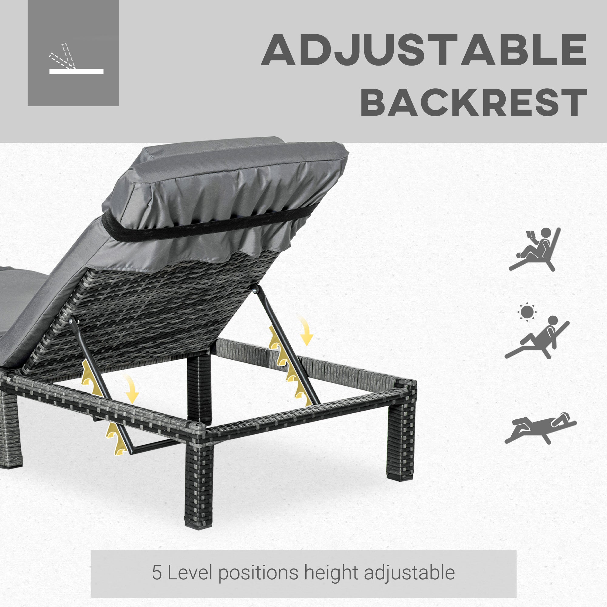 Outsunny PE Rattan Sun Lounger with Soft Padded Cushion, Patio 5-level Reclining Sun Lounger with Headrest, Grey - North Peak Garden Furniture
