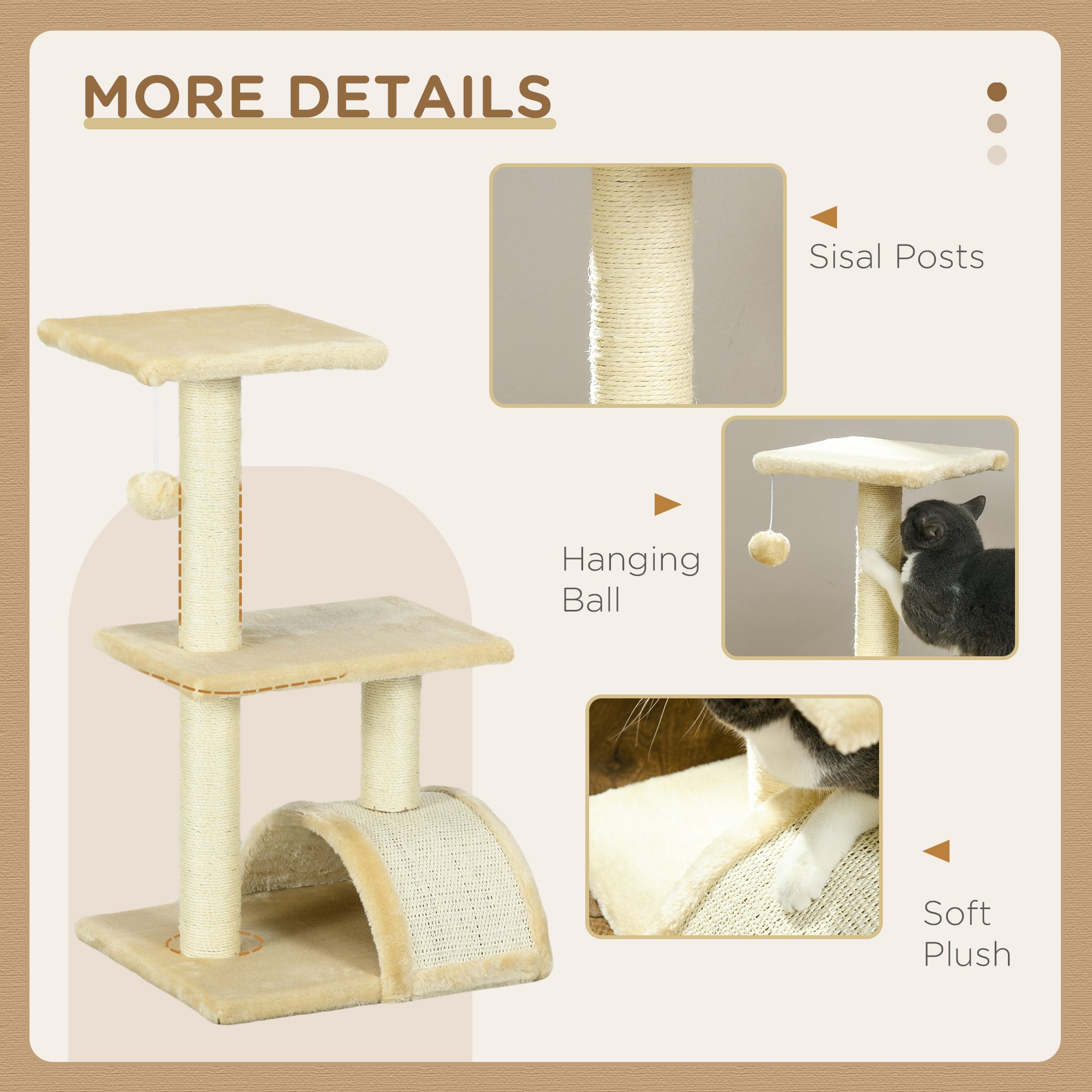 PawHut 72cm Cat Tree with Scratching Post, Pad for Indoor Cats - Cream White - North Peak Garden Furniture