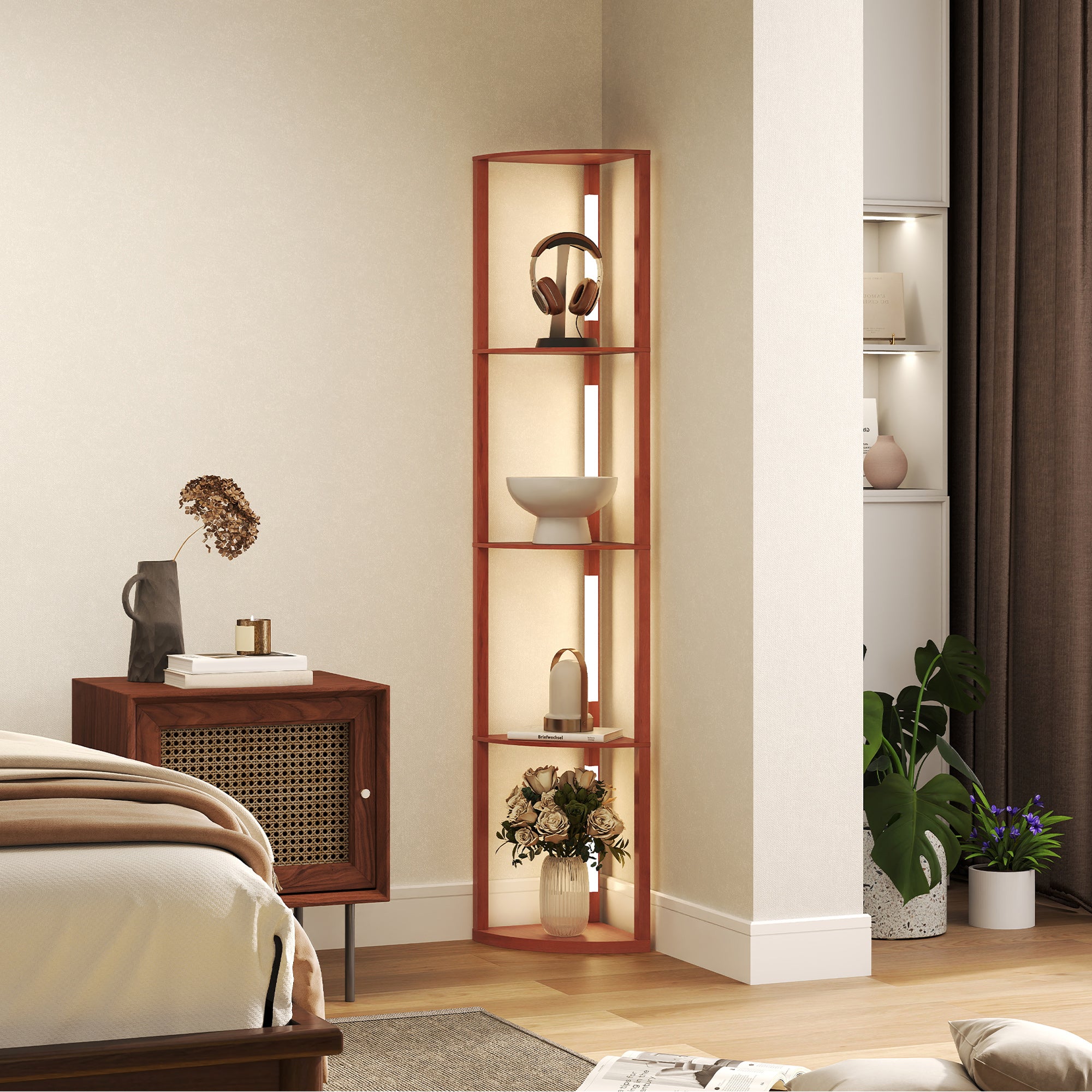 HOMCOM Corner Floor Lamp for Living Room Bedroom with Dimmable Warm White LED Light, Modern Tall Standing Lamp, Brown - North Peak Garden Furniture