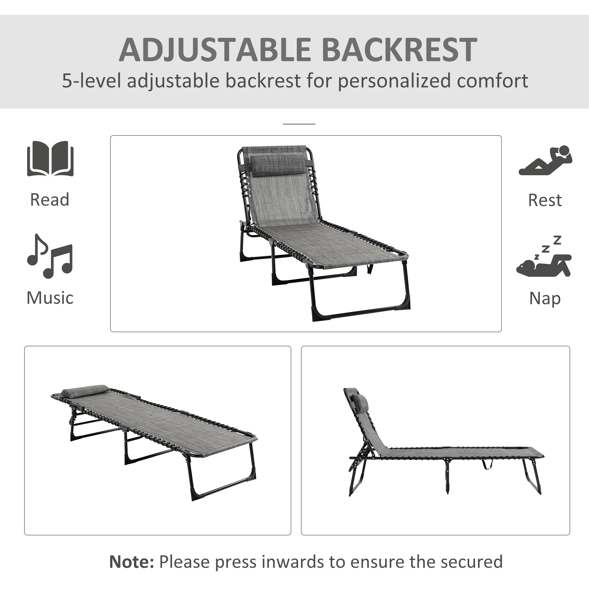 Outsunny Portable Sun Lounger Set of 2, Folding Camping Bed Cot, Reclining Lounge Chair 5-position Adjustable Backrest with Side Pocket, Pillow for Patio Garden Beach Pool, Mixed Grey - North Peak Garden Furniture