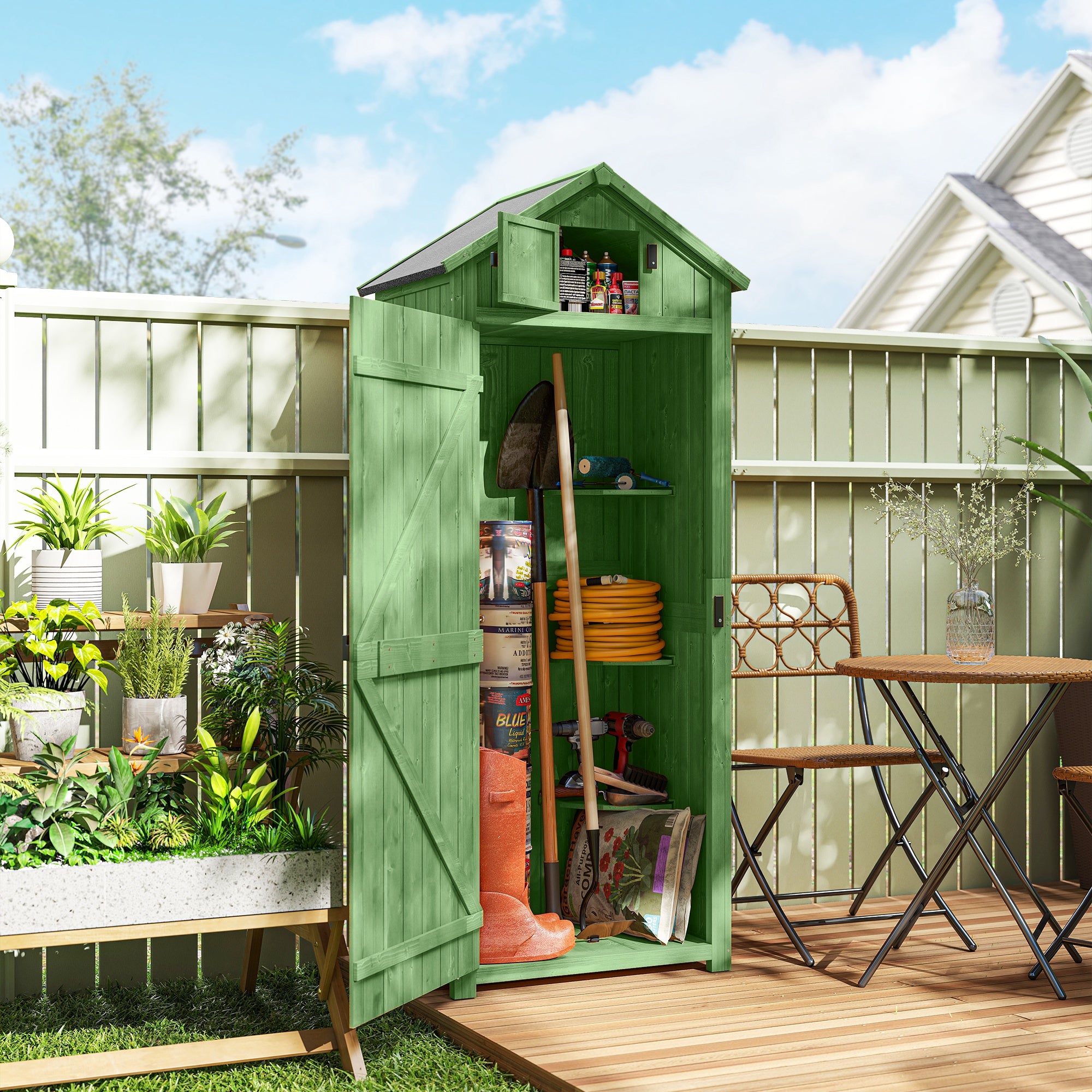 Outsunny Wooden Garden Shed, Utility Outdoor Small Shed with Lockable Double Doors, Shelves and Roof Hatch, Dark Green