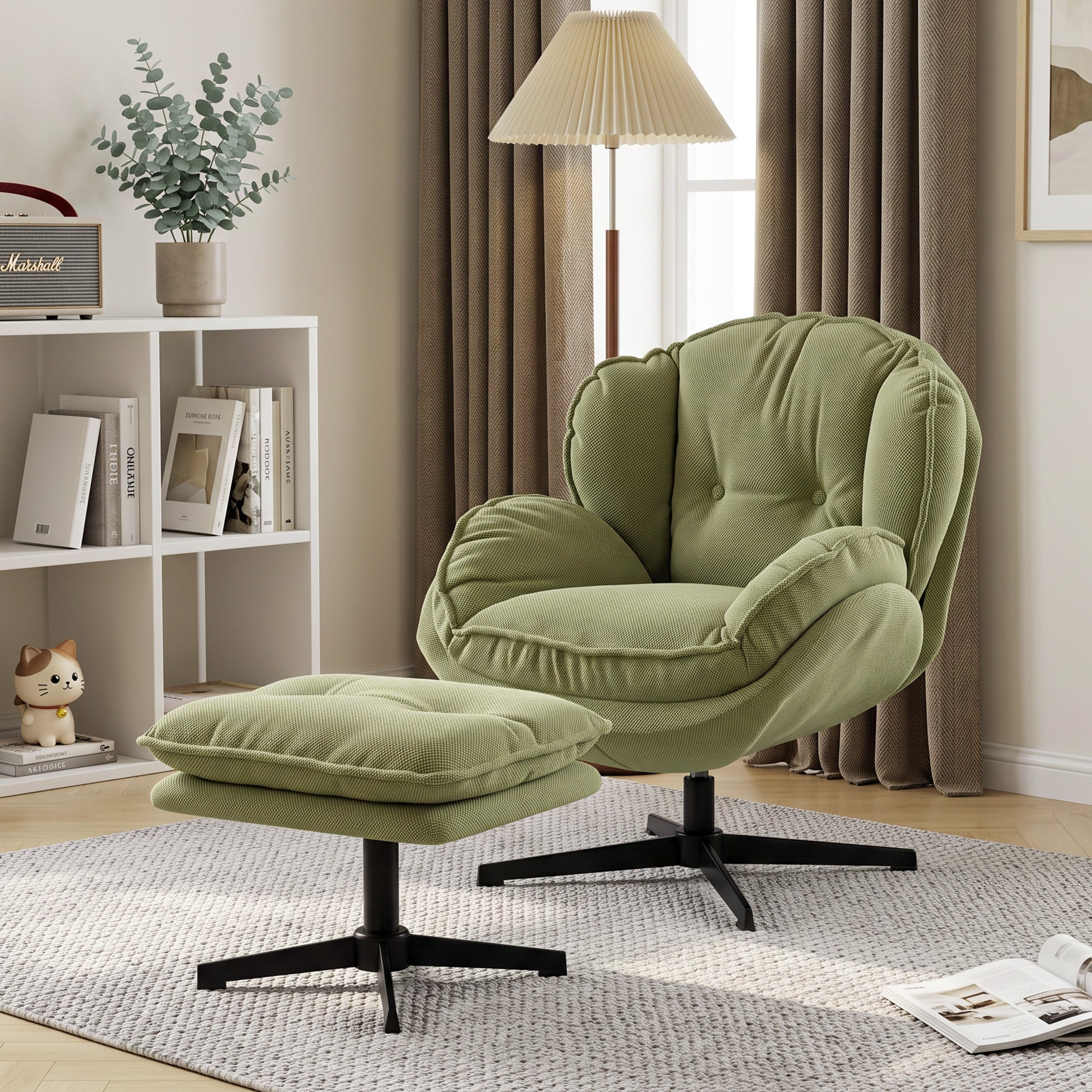 HOMCOM Armchair with Adjustable Footstool, 360-Degree Swivel Chenille Cloud Accent Chair with Thick Cushion, Steel Base, Green