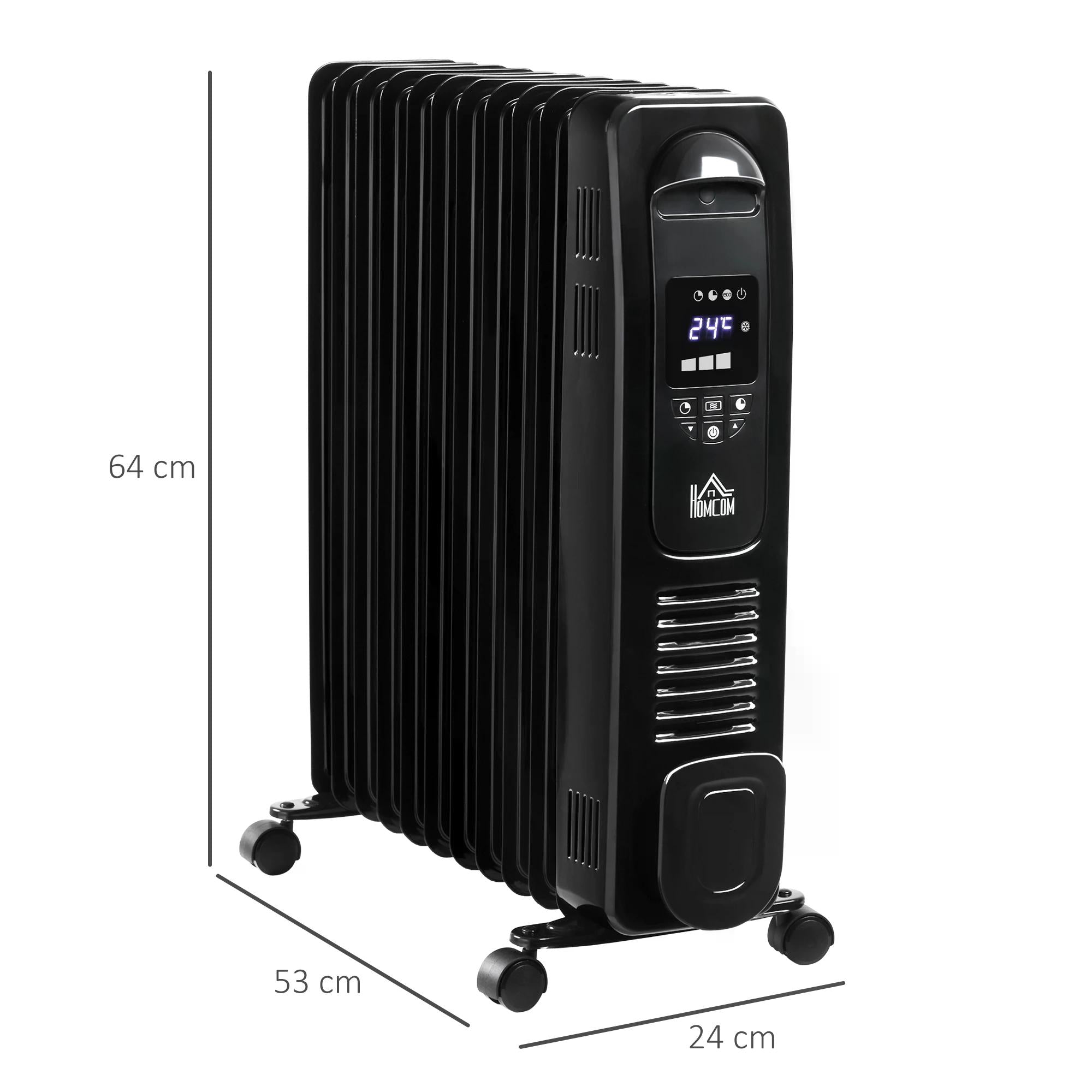 HOMCOM 2500W Digital Display Oil Filled Radiator, 11Fin Portable Electric Heater with Timer, Adjustable Thermostat, Three Heat settings, Safety Cut Off, Remote, Black