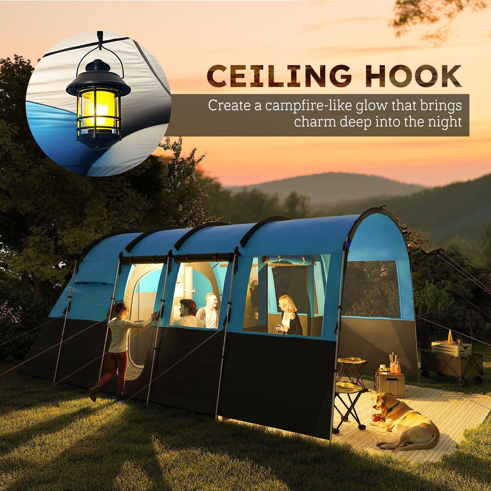 Outsunny 8-Person Camping Tent, Waterproof Family Tent, Tunnel Design, 4 Large Windows, Sleeping Cabins 3000mm Water Column Blue - North Peak Garden Furniture