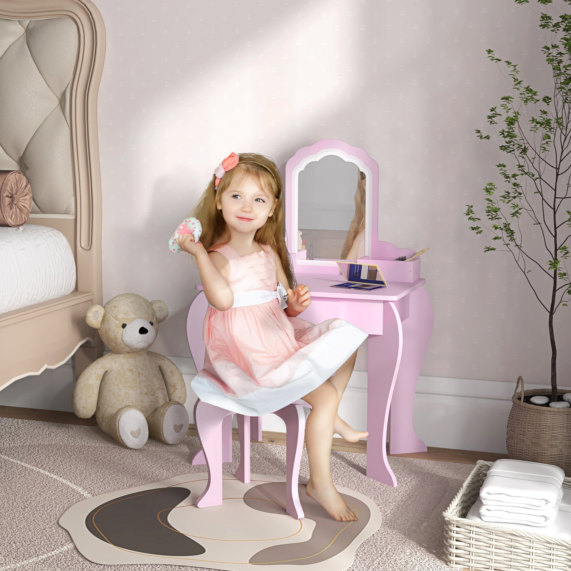 ZONEKIZ Kids Vanity Table with Mirror, Stool, Drawer, Storage Boxes, Cloud Design, for Ages 3-6 Years - Pink - North Peak Garden Furniture
