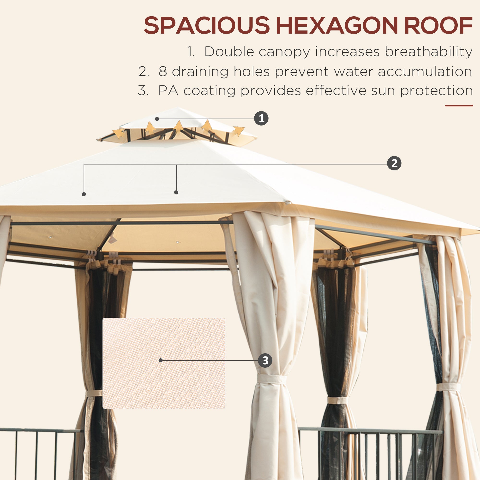 Outsunny 3 x 3(m) Hexagon Gazebo Patio Canopy Party Tent Outdoor Garden Shelter w/ 2 Tier Roof & Side Panel - Beige - North Peak Garden Furniture