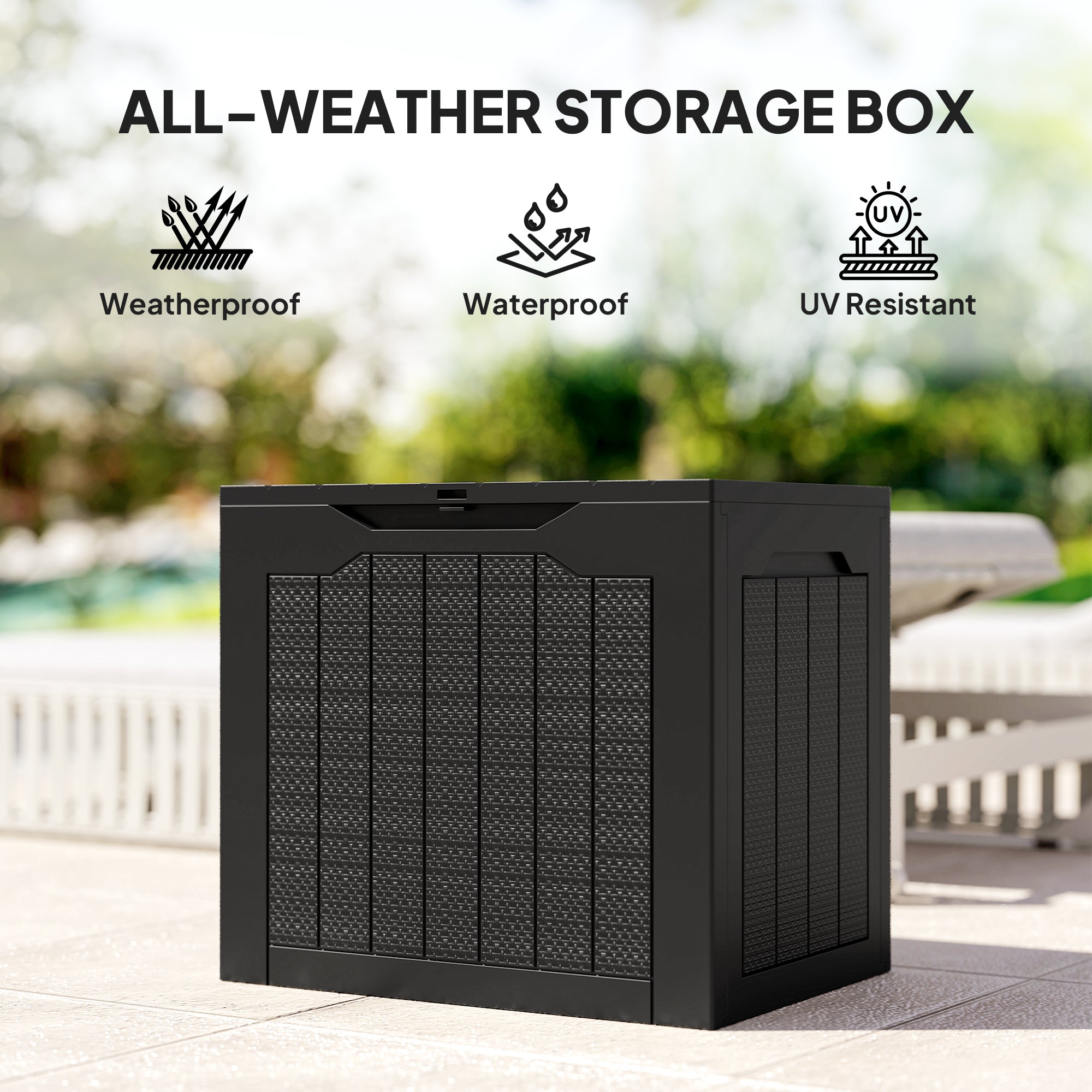 Outsunny 93L Plastic Garden Storage Box, Outdoor Storage Box with Handles, Waterproof Outdoor Storage Container, Black