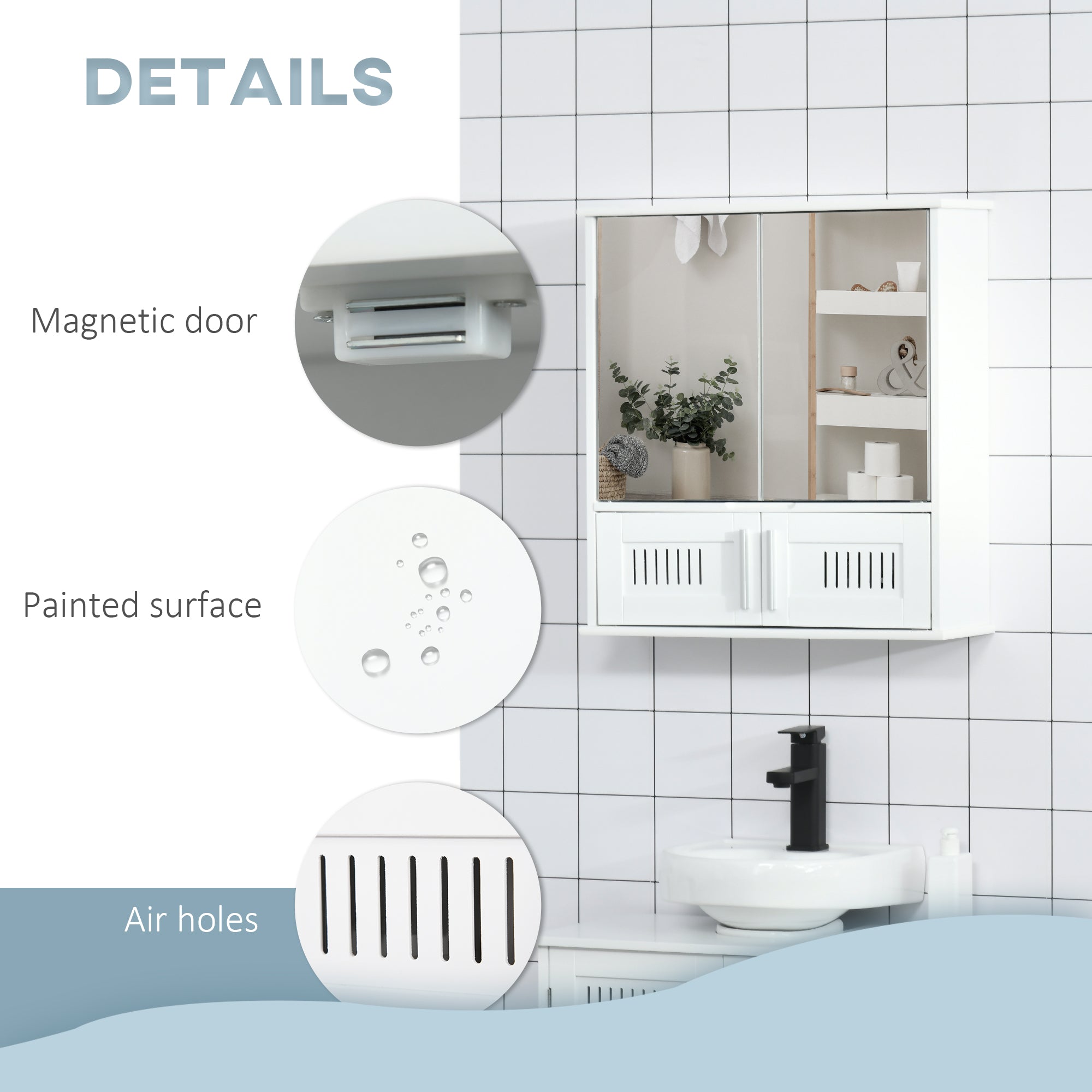kleankin Bathroom Mirror Cabinet, Wall Mounted Storage Cupboard with Double Doors and Adjustable Shelf, Bathroom Organizer, White - North Peak Garden Furniture