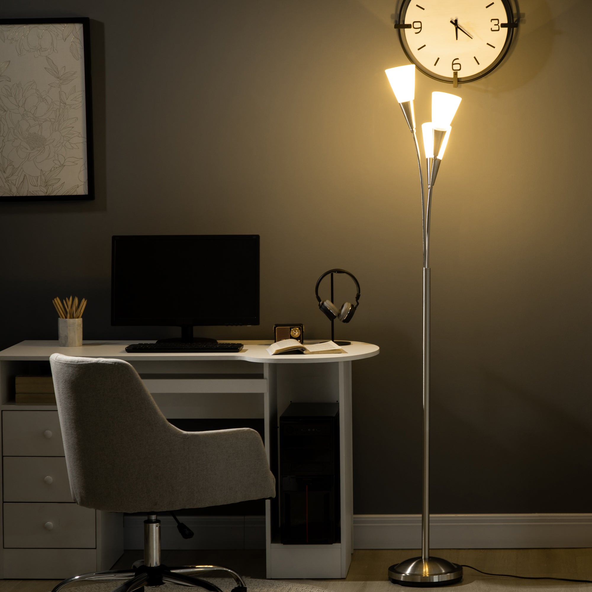 HOMCOM 3-Light Upright Floor Lamps for Living Room, Modern Standing Lamp for Bedroom with Steel Base, Bulb not Included, Silver