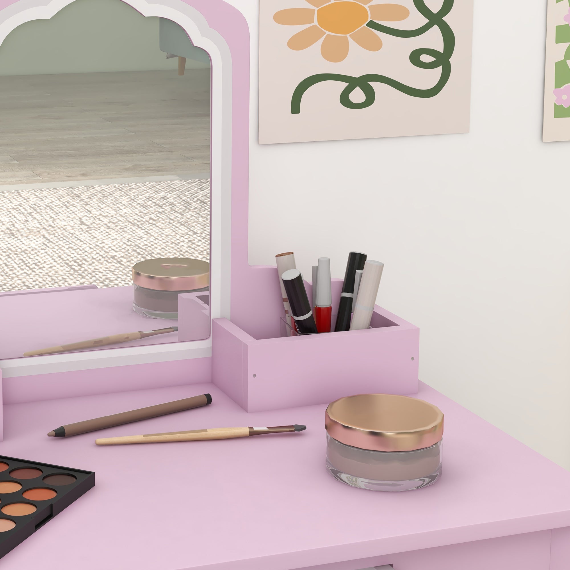 ZONEKIZ Kids Vanity Table with Mirror, Stool, Drawer, Storage Boxes, Cloud Design, for Ages 3-6 Years - Pink - North Peak Garden Furniture