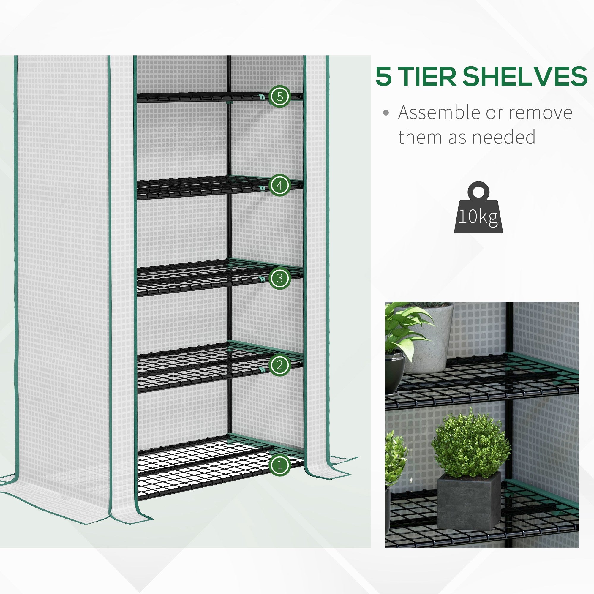 Outsunny 5 Tier Widened Mini Greenhouse with Reinforced PE Cover, Portable Indoor Outdoor Green House with Roll-up Door and Wire Shelves, 193H x 90W x 49Dcm, White - North Peak Garden Furniture