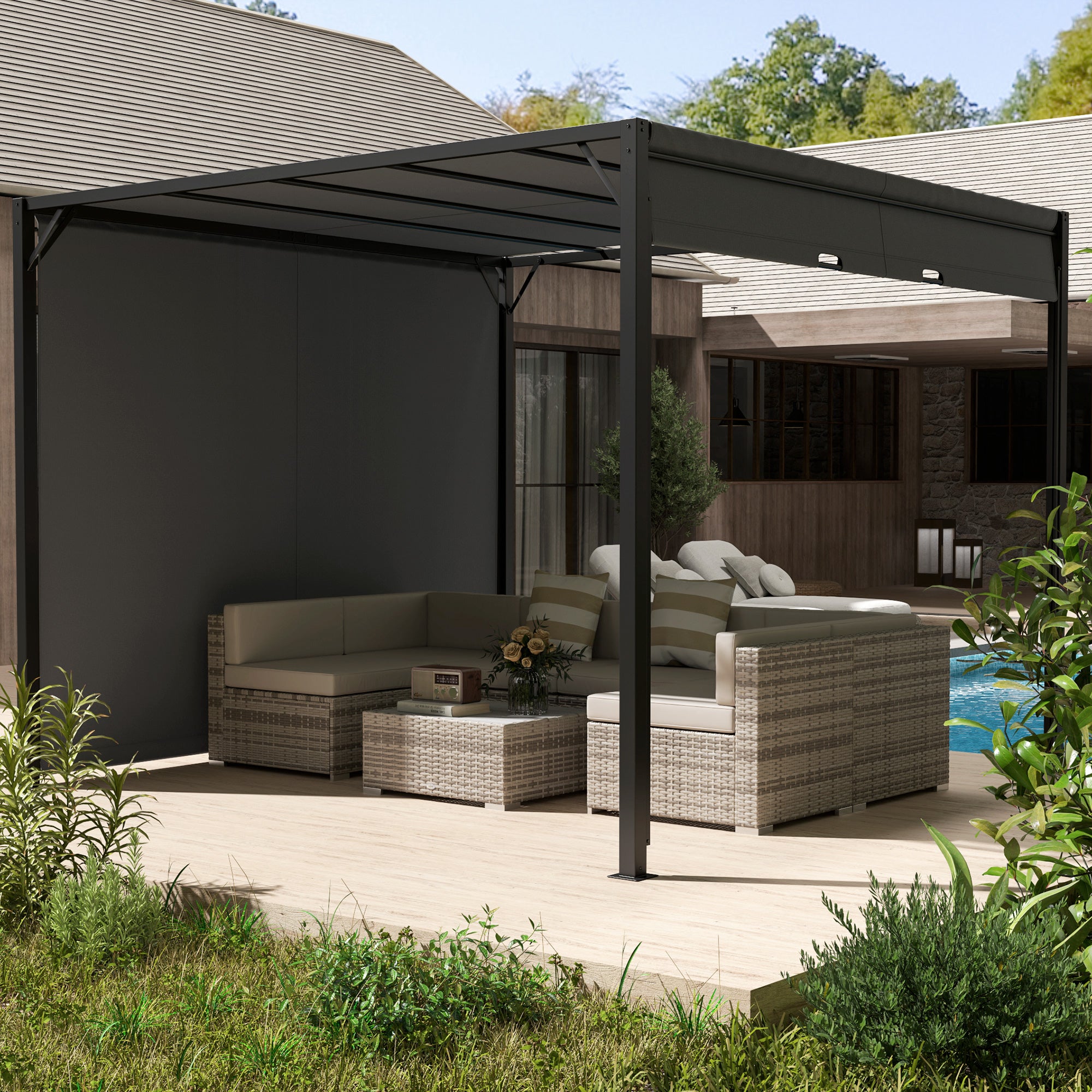 Outsunny 3 X 3 Meters Pergola with Retractable Roof, Garden Gazebo with Adjustable Sun Shade Canopy and Steel Frame, Charcoal Grey - North Peak Garden Furniture