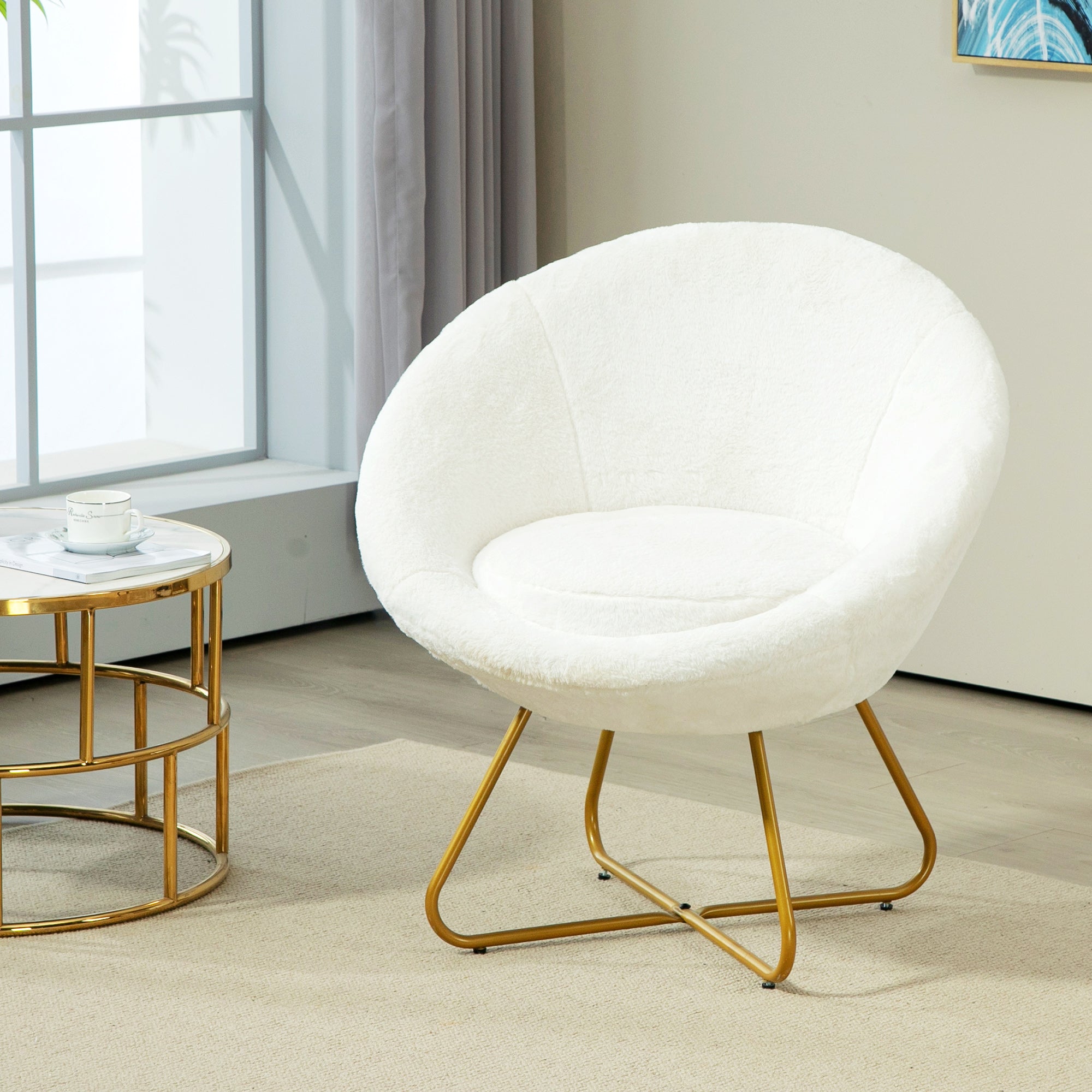 HOMCOM Faux Fur Accent Chair with Golden Metal Legs, Upholstered Comfy Chair with Non-Slip Footpads, Seat Cushion for Bedroom, Living Room and Office, White - North Peak Garden Furniture
