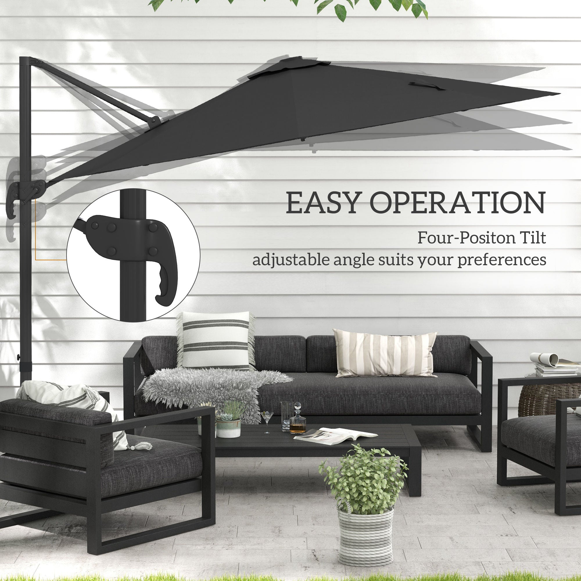 Outsunny 3(m) Adjustable Cantilever Parasol with Base, Solar LED Lights, Dark Grey - North Peak Garden Furniture