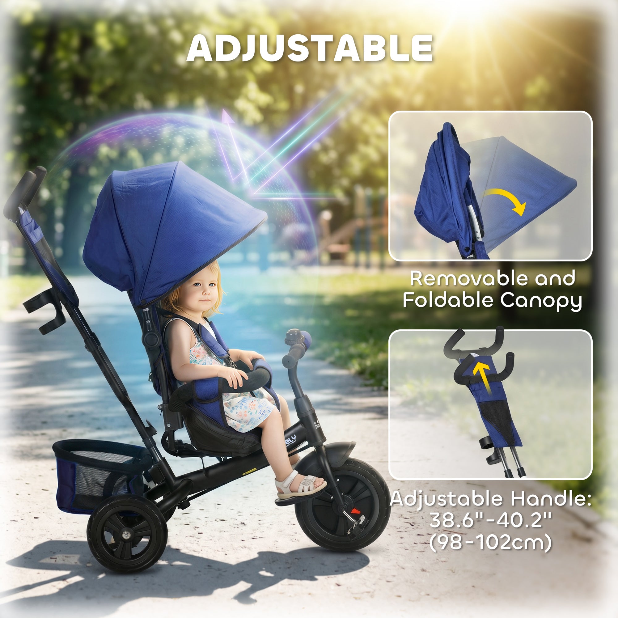 HOMCOM 6 in 1 Kids Trike Push Bike w/ Push Handle, Canopy, 5-point Safety Belt, Storage, Footrest, Brake, for 1-5 Years, Blue