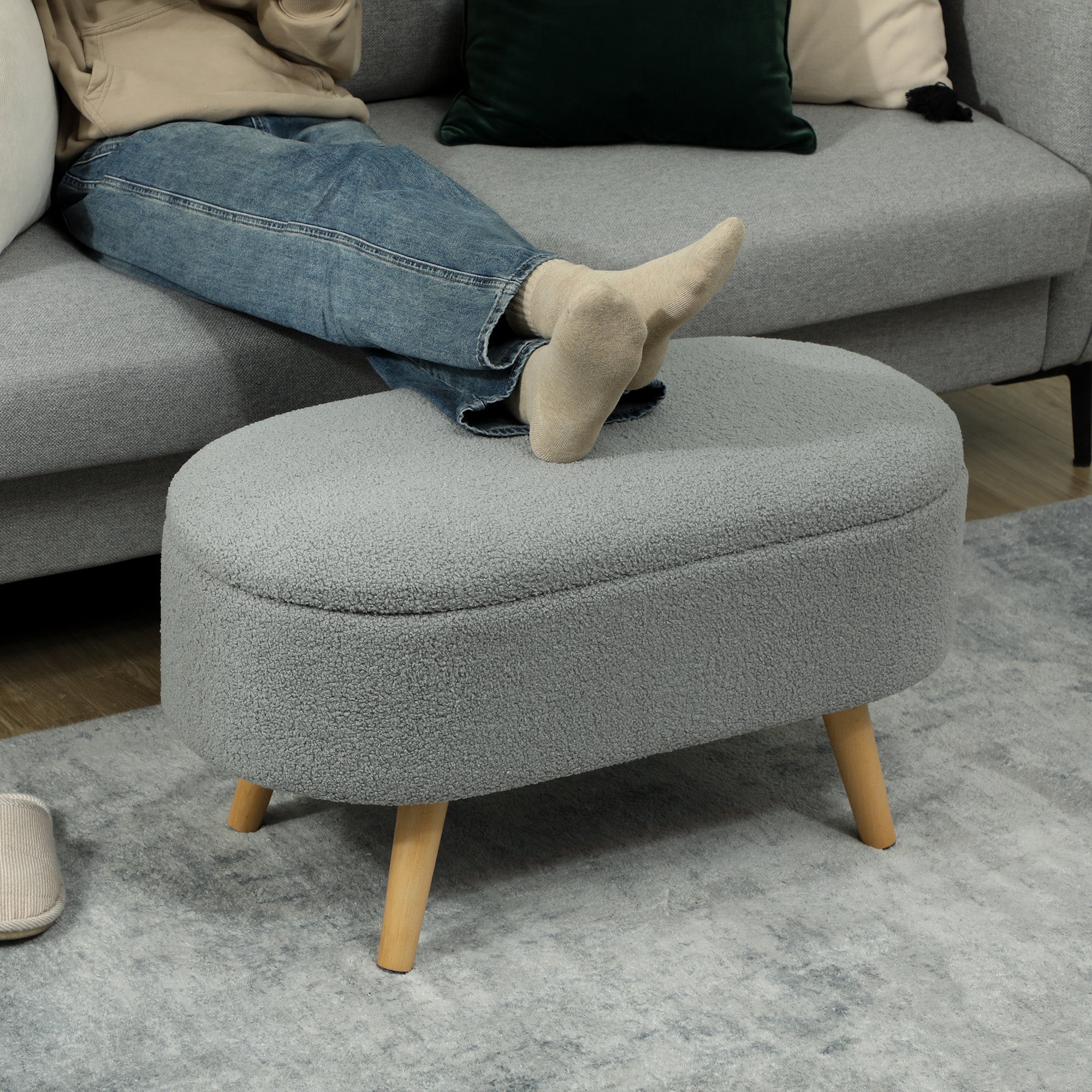 HOMCOM Teddy Fleece Storage Ottoman - Grey - North Peak Garden Furniture