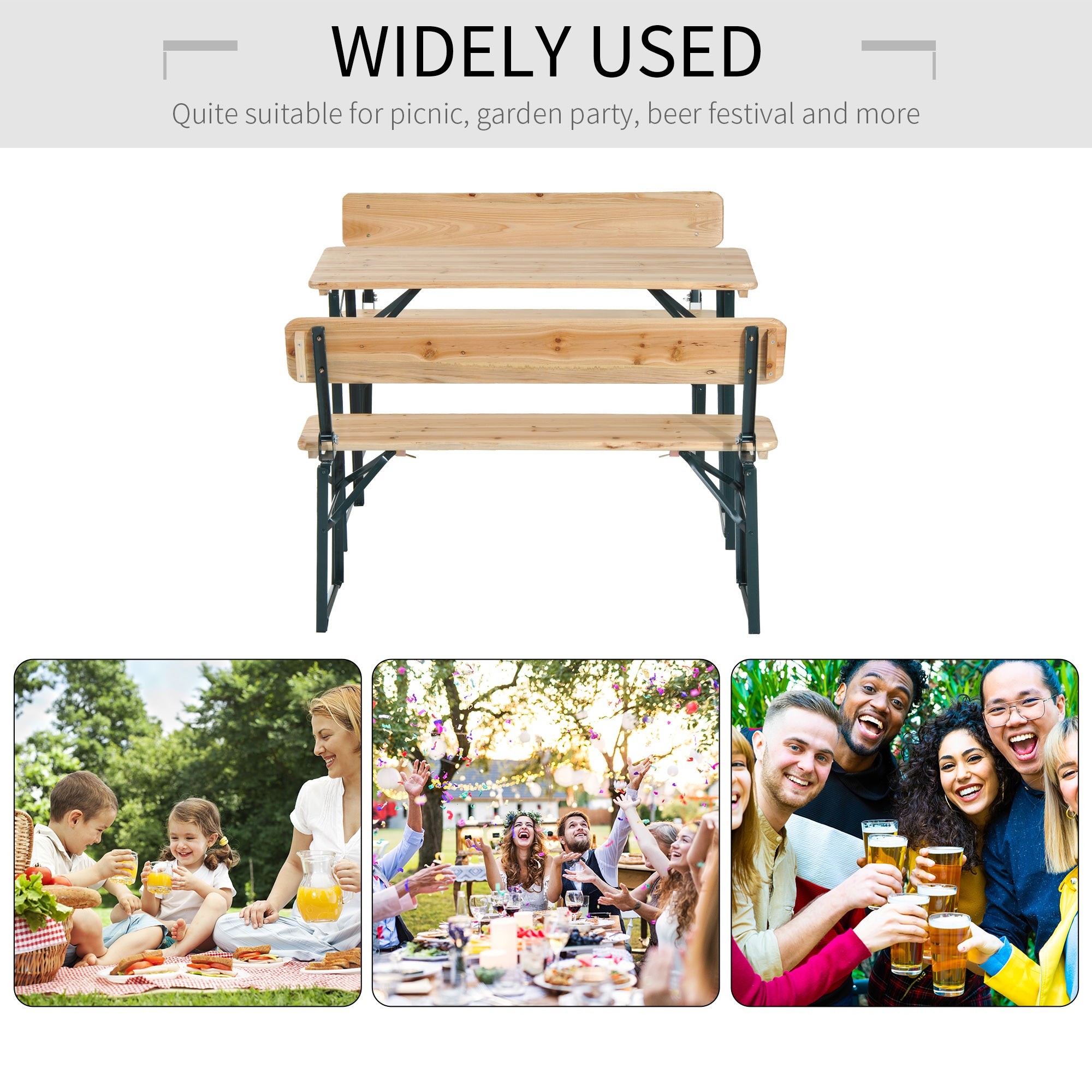 Outsunny Portable Folding Camping Picnic Trestle Beer Table and 2 Bench Set Wooden Garden Furniture Patio Dining Party BBQ Chairs Stools - North Peak Garden Furniture