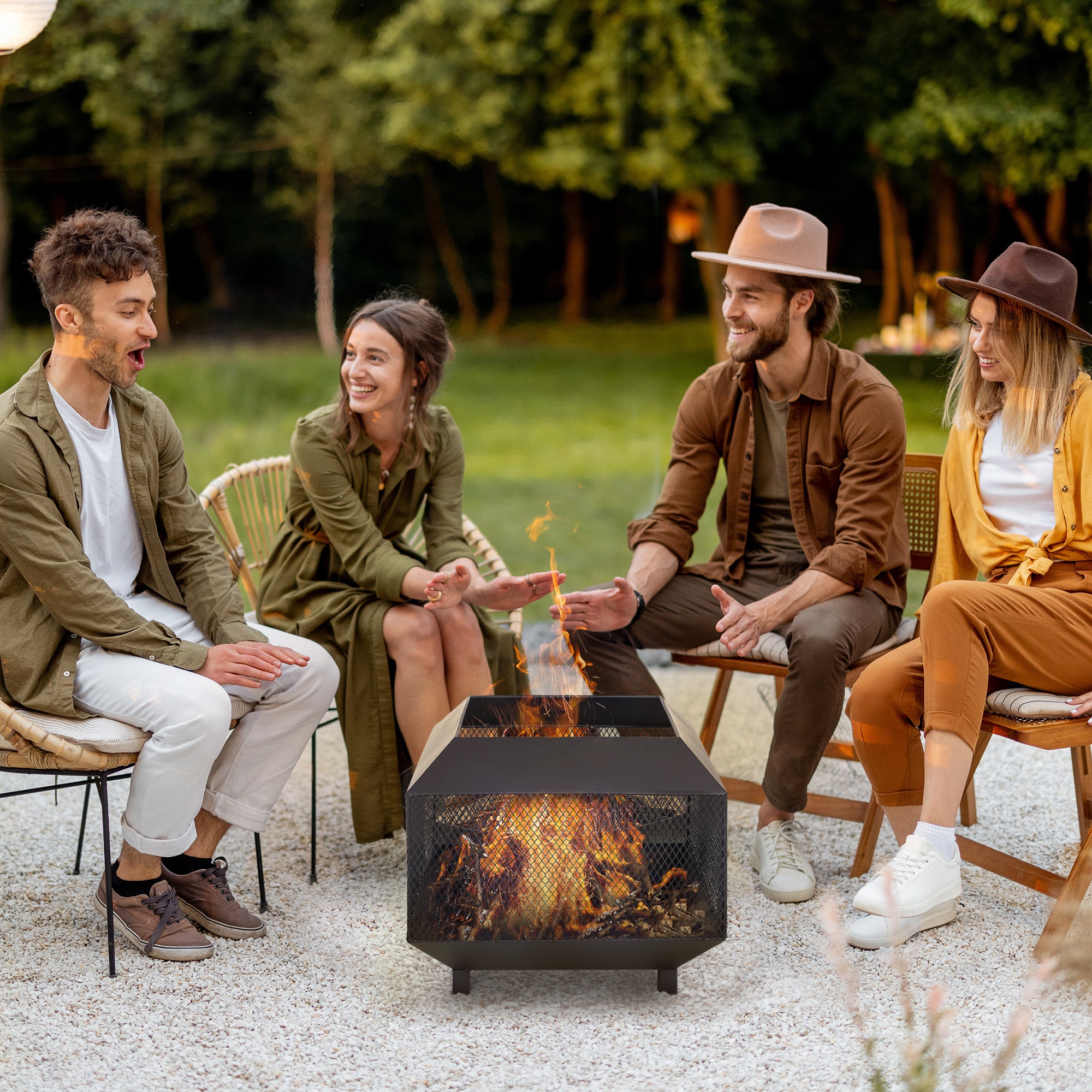 Outsunny Outdoor Fire Pit: Stylish Centrepiece for Alfresco Evenings, Mesh Design with Lid, Log Grate & Poker, Black