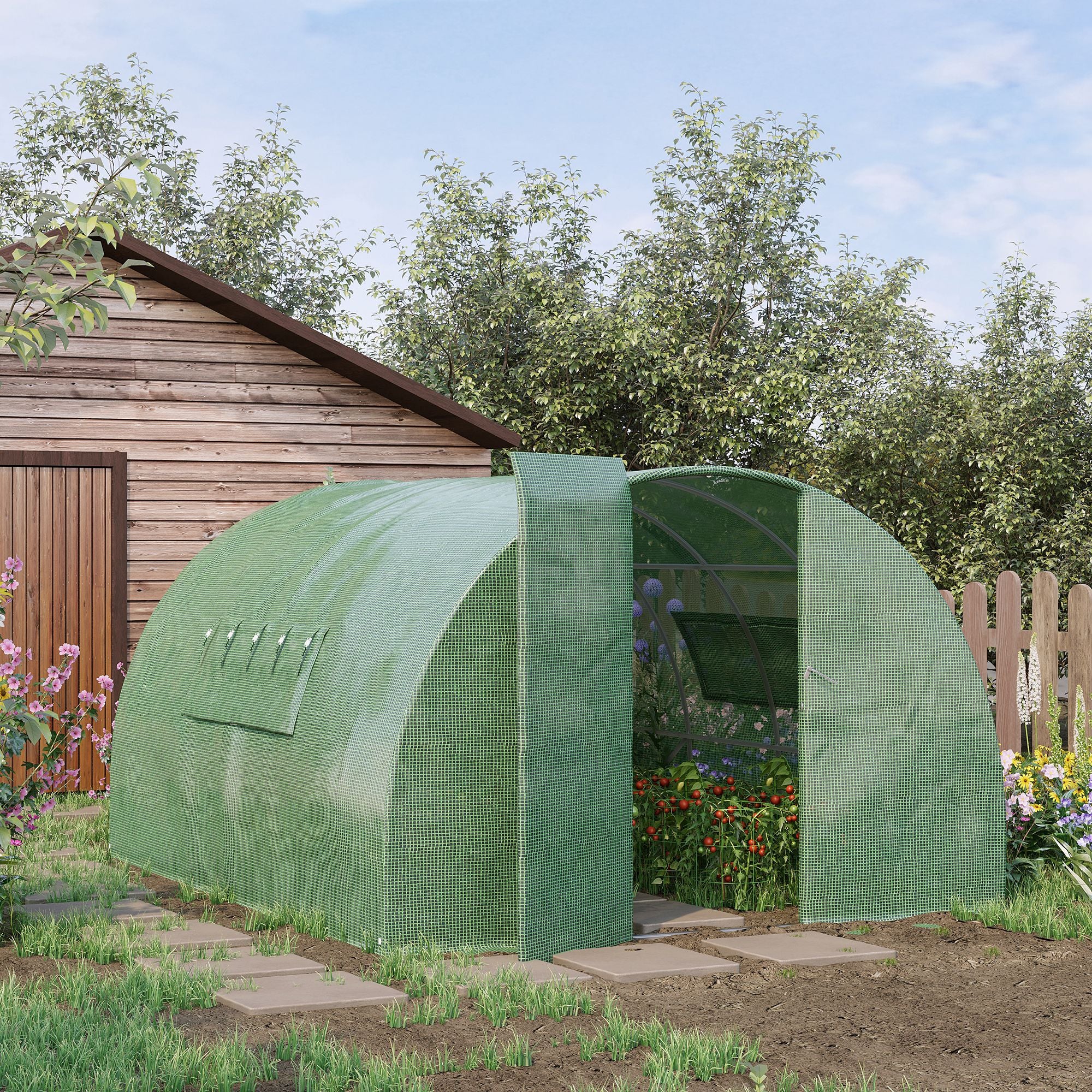 Outsunny 4 x 3 x 2 m Walk-In Greenhouse Reinforced Polytunnel Greenhouse with Metal Hinged Door, Steel Frame and Mesh Windows, Green