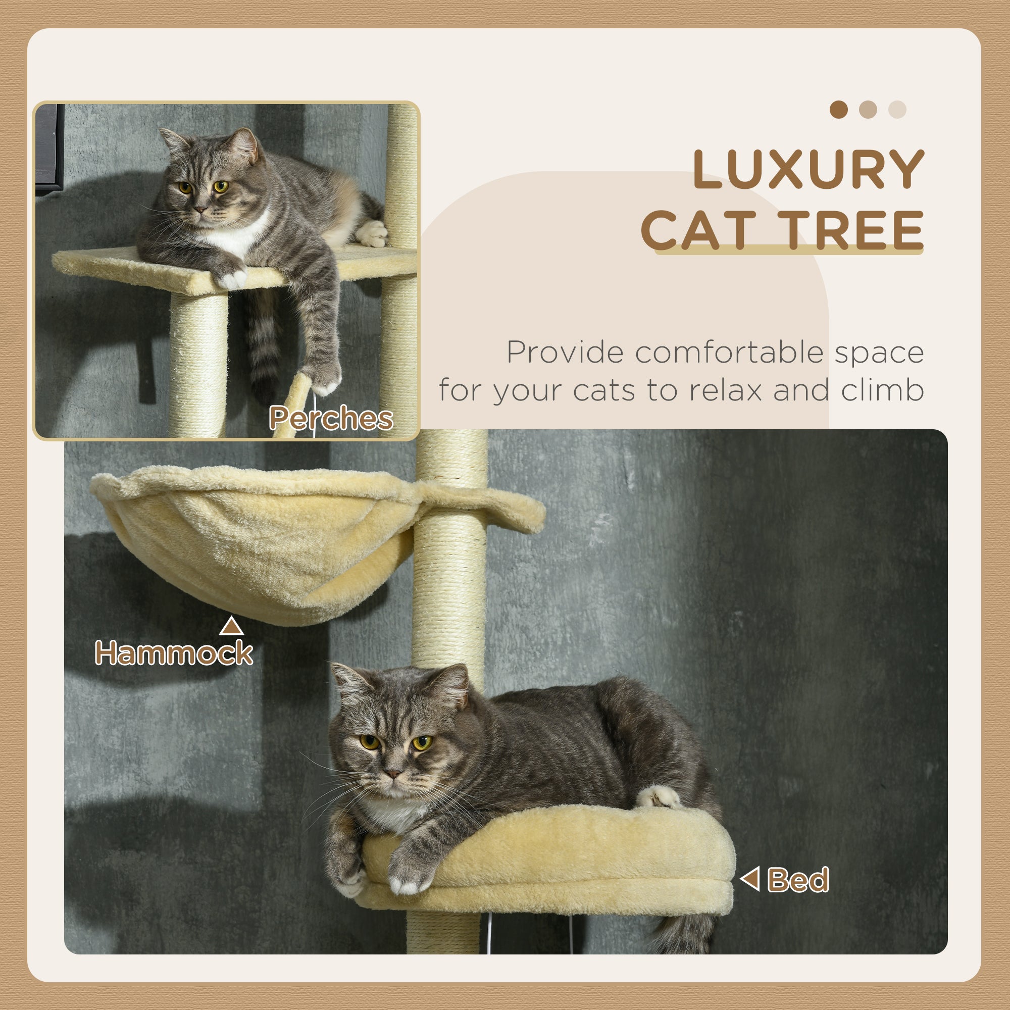 PawHut Floor to Ceiling Cat Tree for Indoor Cats, 6-Tier Play Tower Climbing Activity Center with Scratching Post, Platforms, Bed, Hammock, Adjustable Height 230-250cm, Beige
