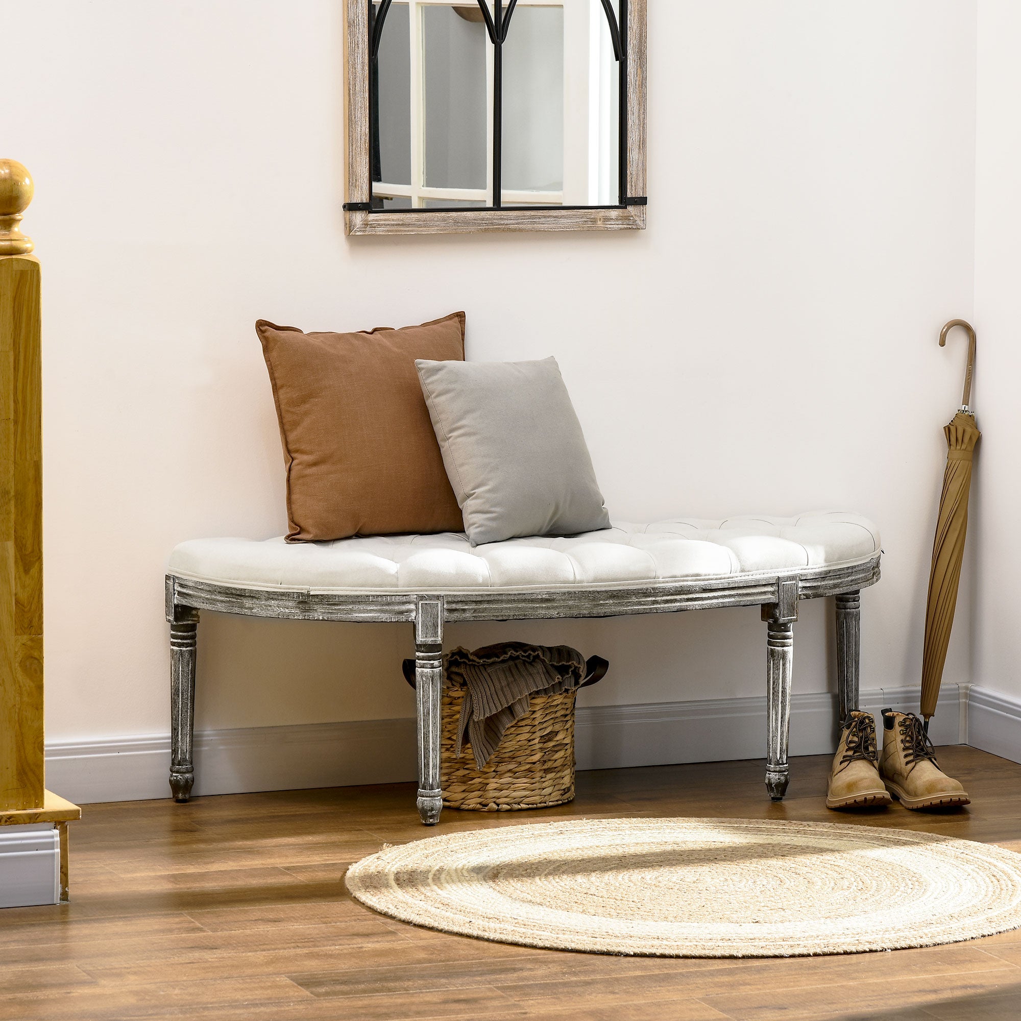 HOMCOM Half-Circle End Bench Ottoman Footstool Tufting Padded Seat Brushed Wood Base Antique Accents Home Seat Furniture Cream White and Light Wood Grain Leg - North Peak Garden Furniture