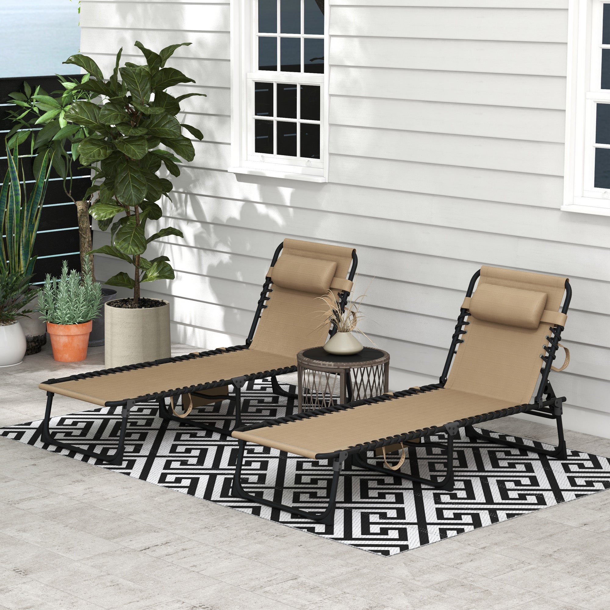 Outsunny Portable Sun Lounger Set of 2, Folding Camping Bed Cot, Reclining Lounge Chair 5-position Adjustable Backrest with Side Pocket, Pillow for Patio Garden Beach Pool, Beige - North Peak Garden Furniture