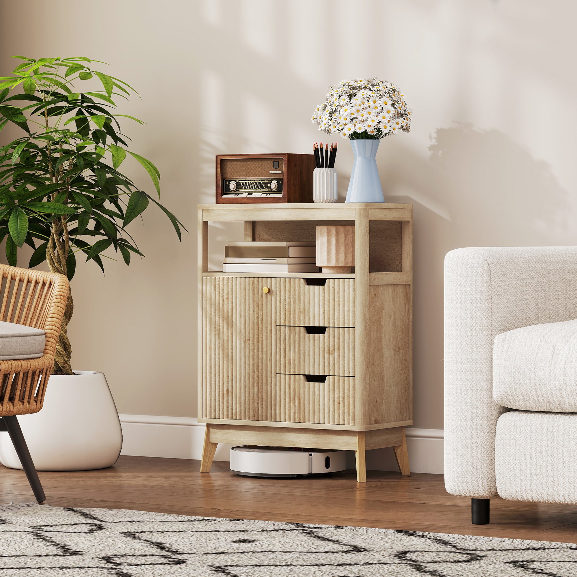 HOMCOM Small Sideboard with Drawers and Adjustable Shelf - Nature Wood Finish - North Peak Garden Furniture