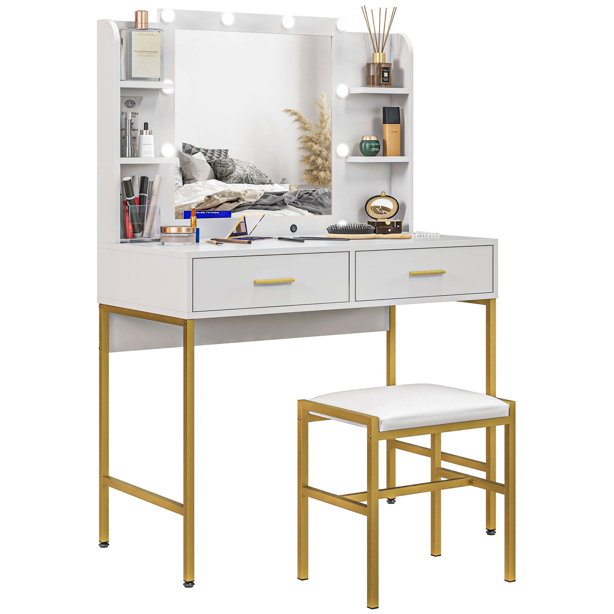HOMCOM Dressing Table with Lighted Mirror, Cushioned Stool, Drawers, Shelves, LED Makeup Vanity Desk Set, Modern Dresser Vanity Table for Bedroom, White - North Peak Garden Furniture