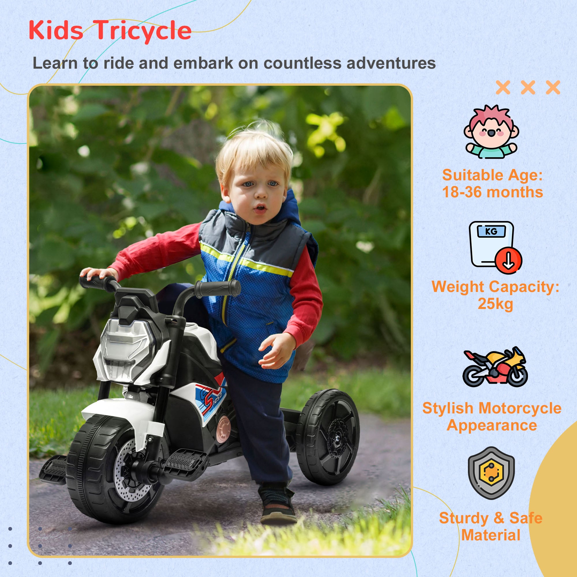 AIYAPLAY Motorcycle Design, 3 in 1 Toddler Trike, Sliding Car, Balance Bike with Headlight, Music, Horn, White - North Peak Garden Furniture