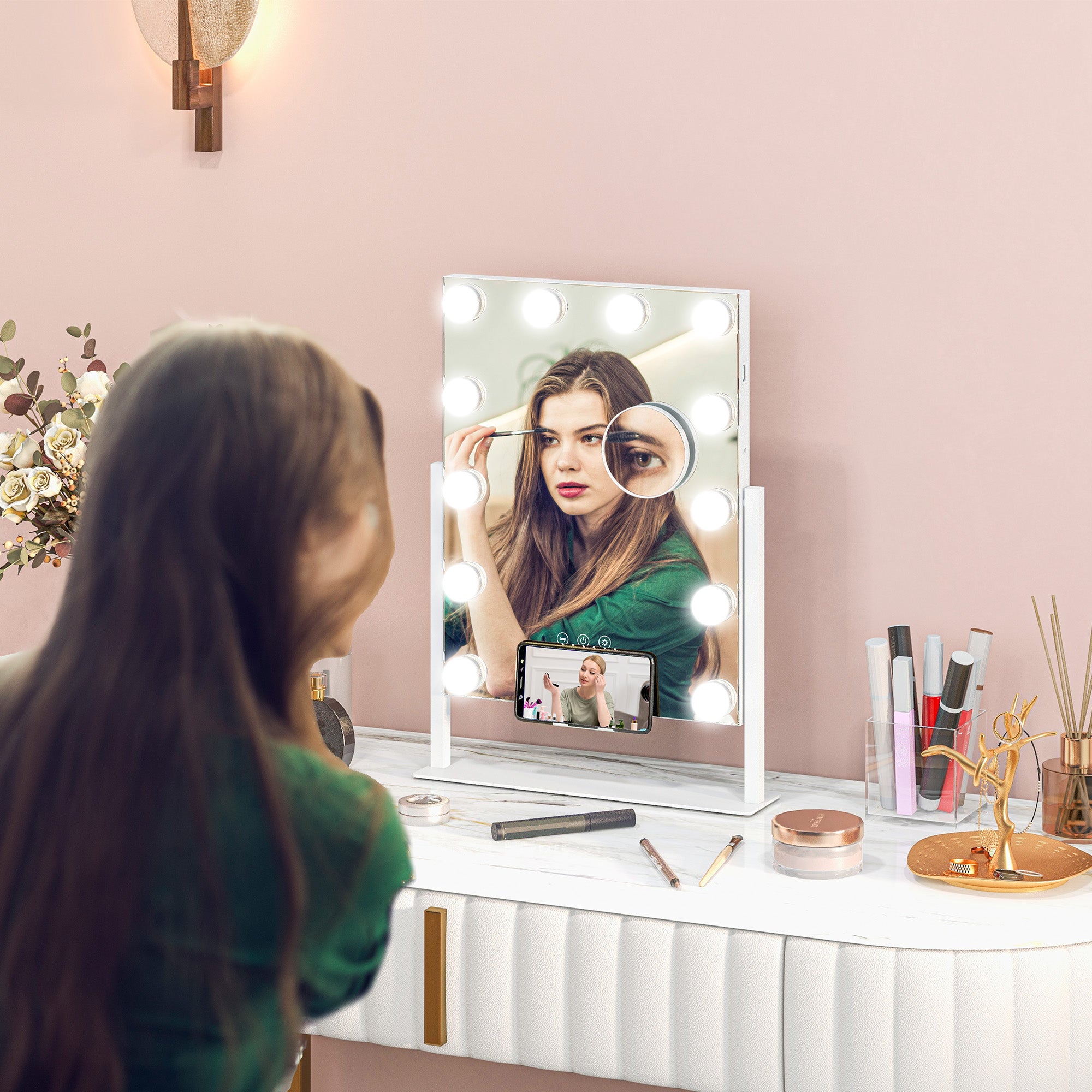 HOMCOM 12 LED bulb Tabletop Makeup Mirror, with Adjustable Settings - North Peak Garden Furniture