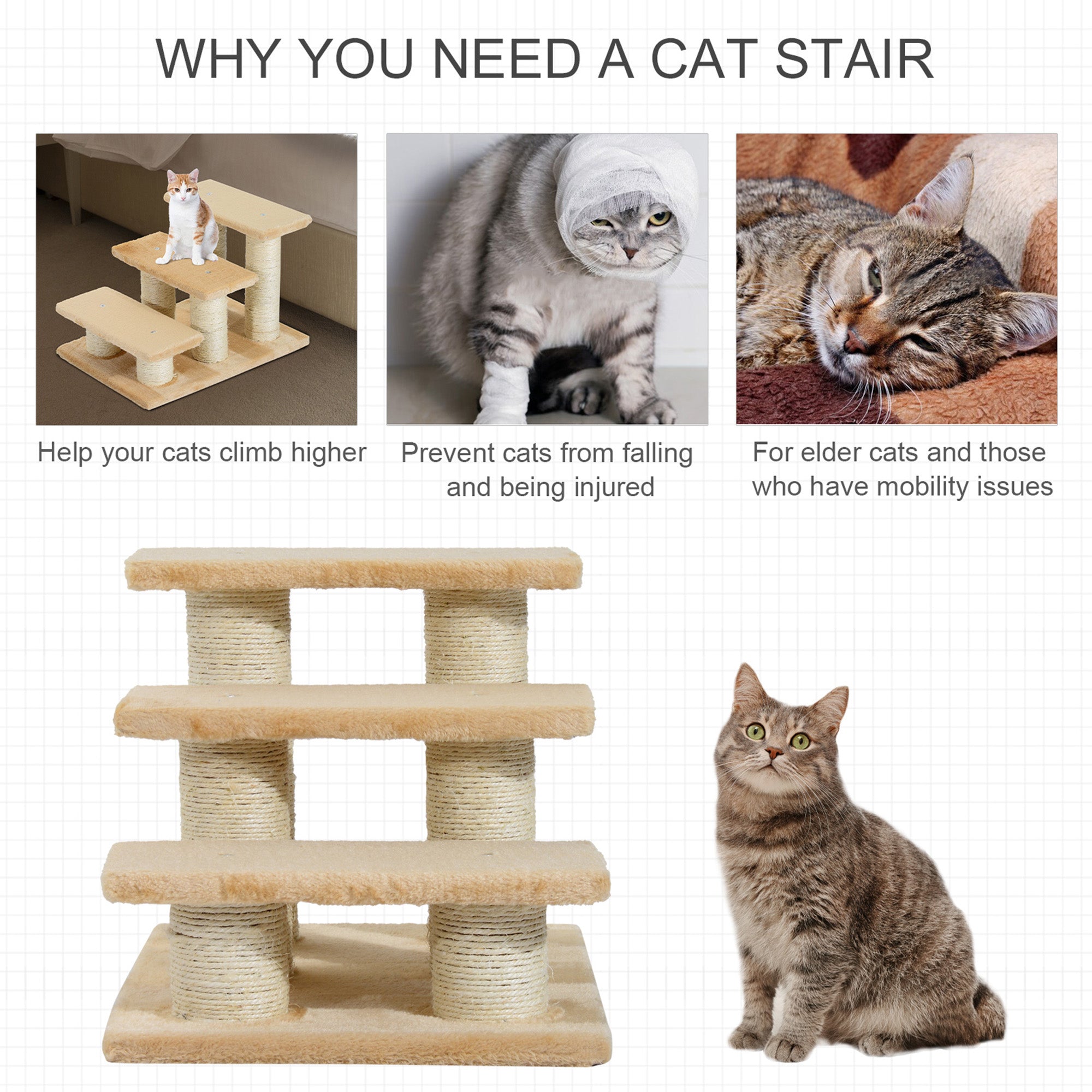 PawHut Pet Steps, 3-Step Climber Ladder for Cats & Dogs, Plush Surface, Portable for Older Animals Assistance, Cream