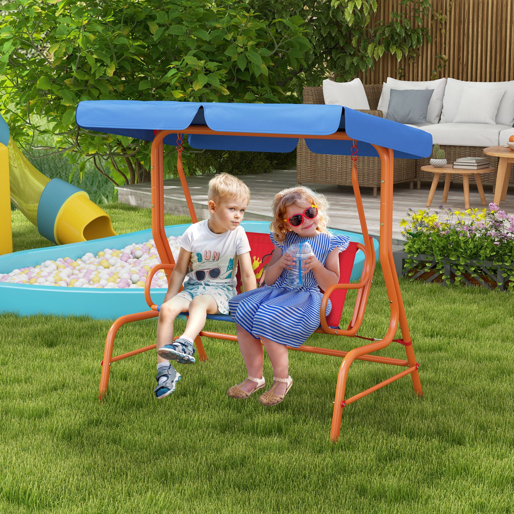 Outsunny Two Seater Kids Garden Swing, Cowboy Themed kids Swing Chair with Adjustable Canopy, Safety Belts for Outdoor Use - North Peak Garden Furniture