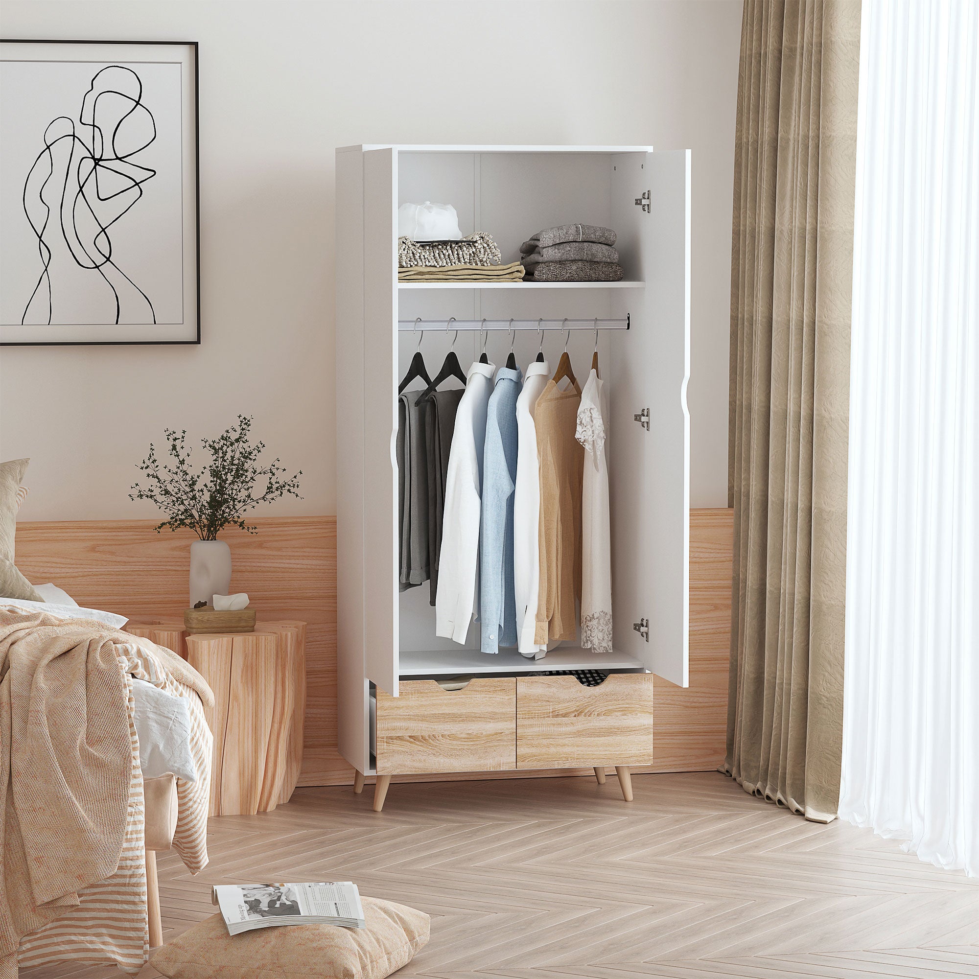 HOMCOM 2-Door Clothes Wardrobe w/ Rail Shelf 2 Drawers Wood Feet Elegant Home Storage Organisation Furniture Dresses Coats Blankets Shoes White - North Peak Garden Furniture