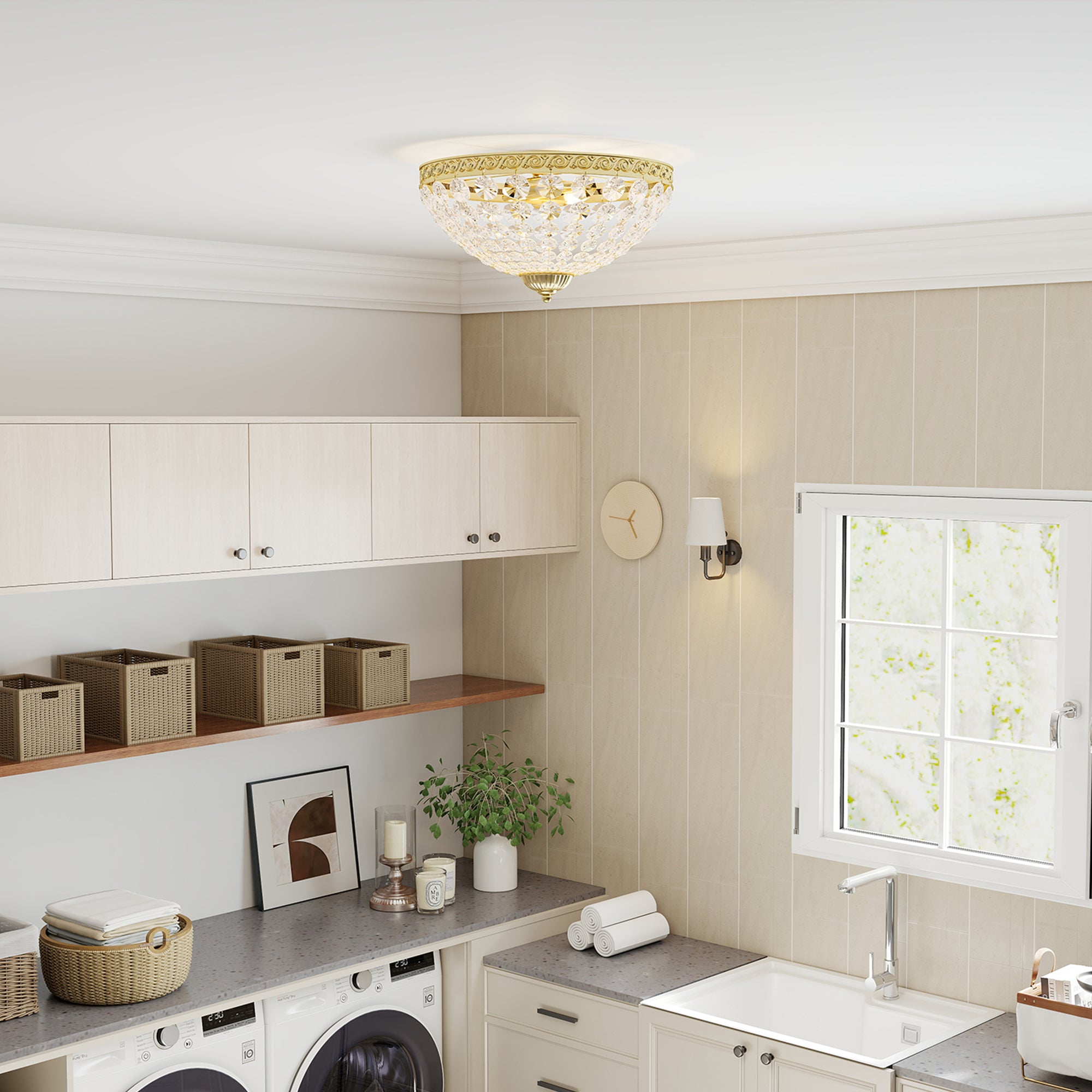 HOMCOM Crystal Chandelier Ceiling Light with 168 Octagonal Beads, Vintage 2-Light Flush Mount Ceiling Light for Living Room, Bedroom, Hallway, Dining Room, Gold Tone