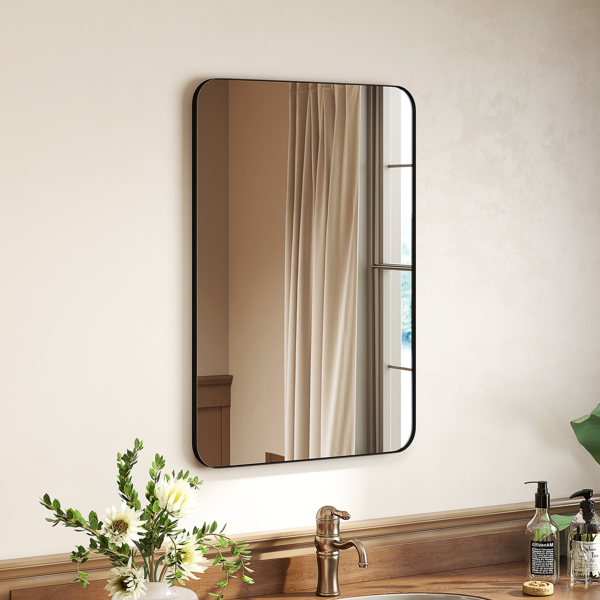 HOMCOM 90 x 60cm Curved Bathroom Mirror - Black - North Peak Garden Furniture