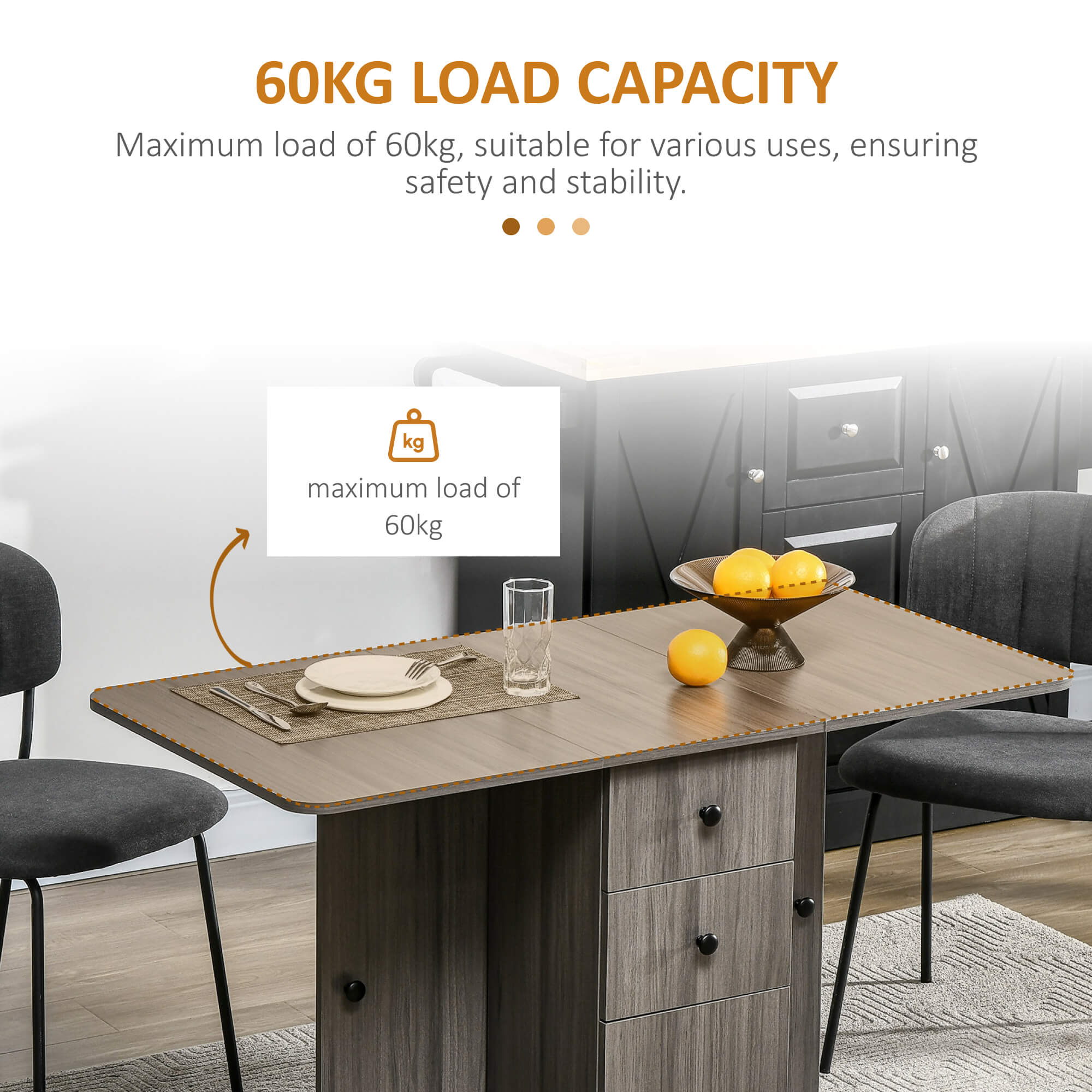 HOMCOM Multi-Storage Six-Person Drop Leaf Dining Table - Grey - North Peak Garden Furniture