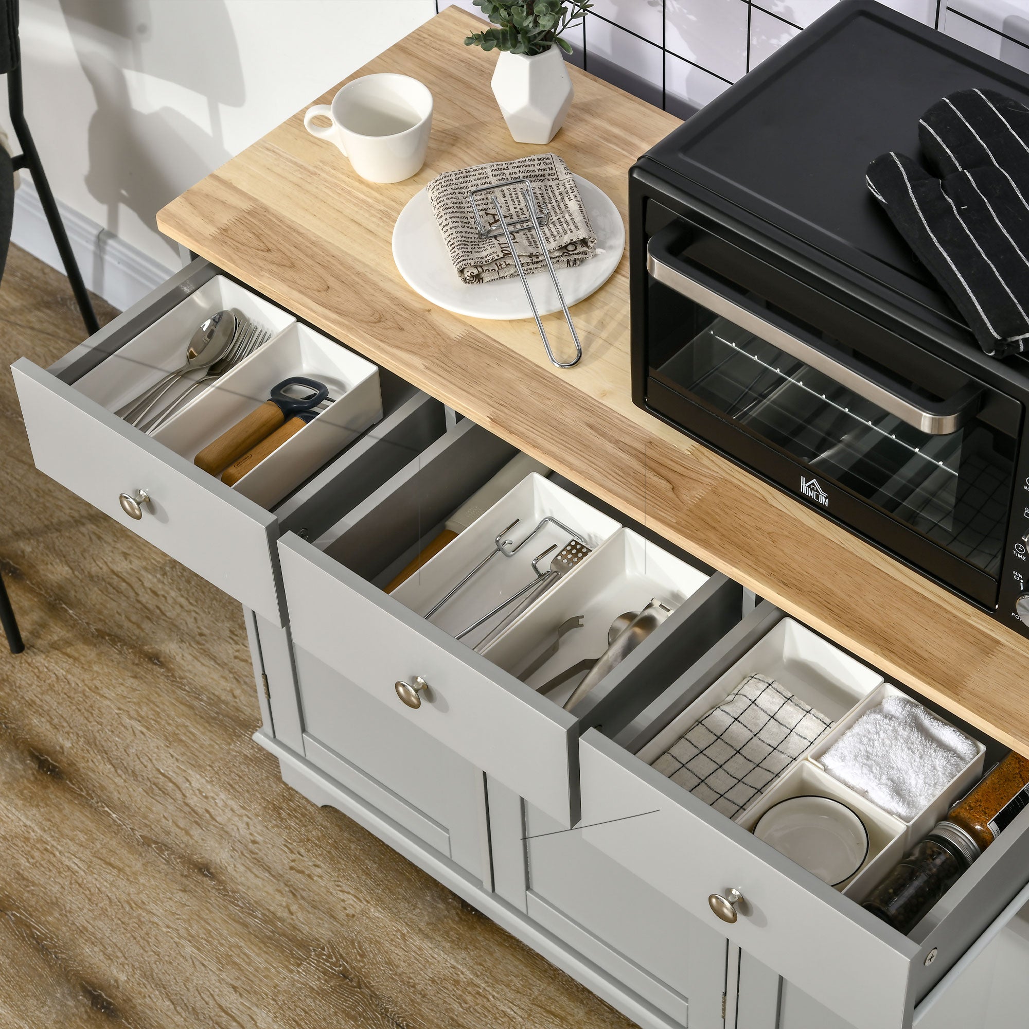HOMCOM Sideboard with Rubberwood Top and Adjustable Shelves for Dining Room, Kitchen - Grey