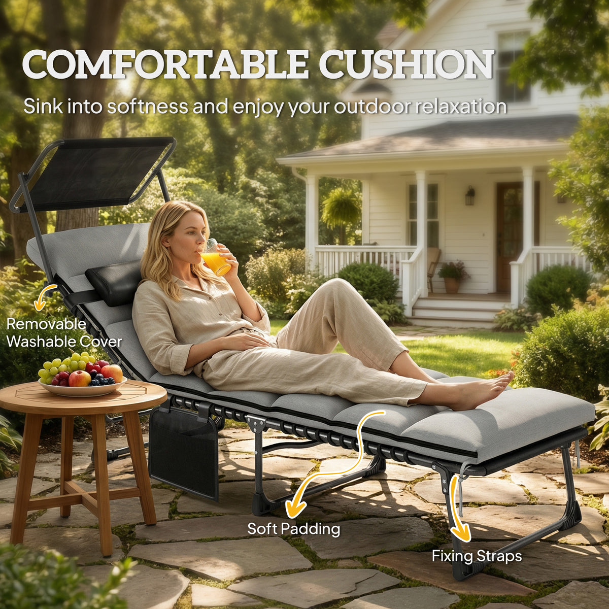 Outsunny Folding Sun Lounger with Canopy, Reclining Sunbed with Cushion, Side Pocket, Carrying Handle, Light Grey