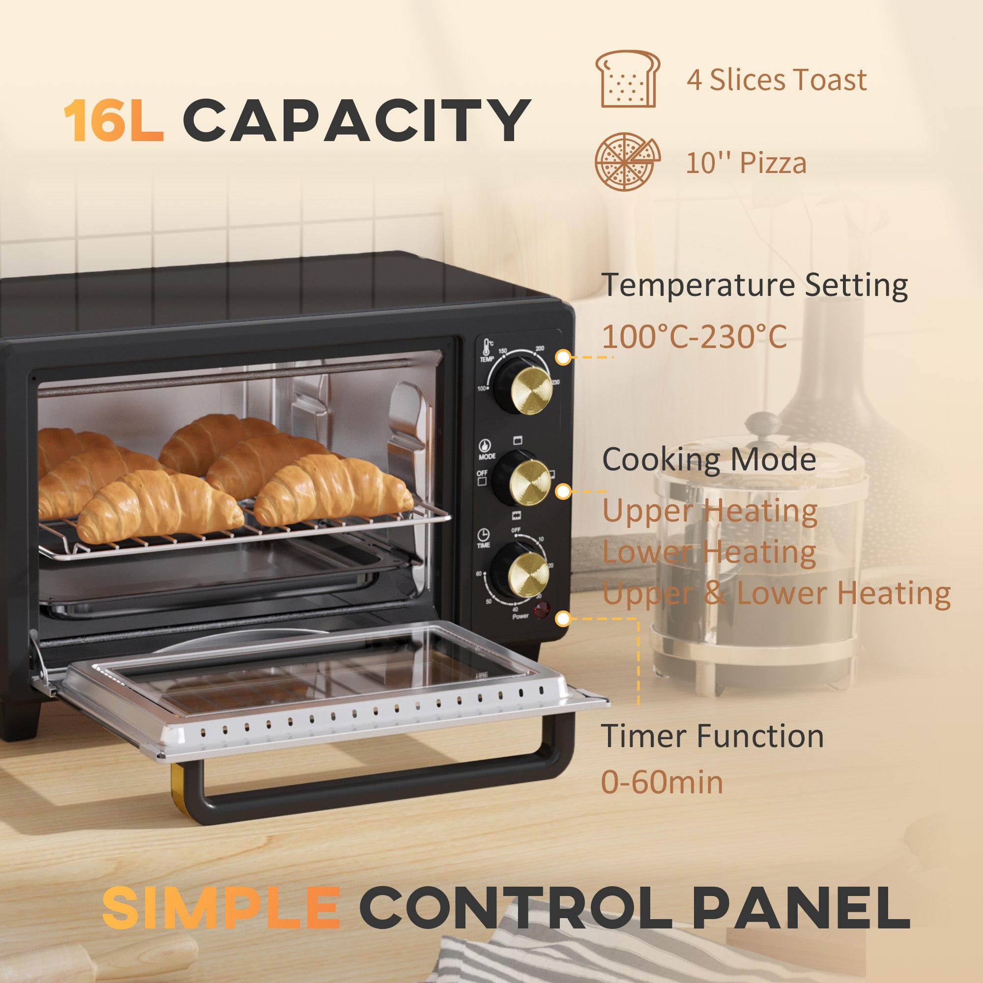 HOMCOM 16L Mini 1400W Countertop Oven - Black - North Peak Garden Furniture