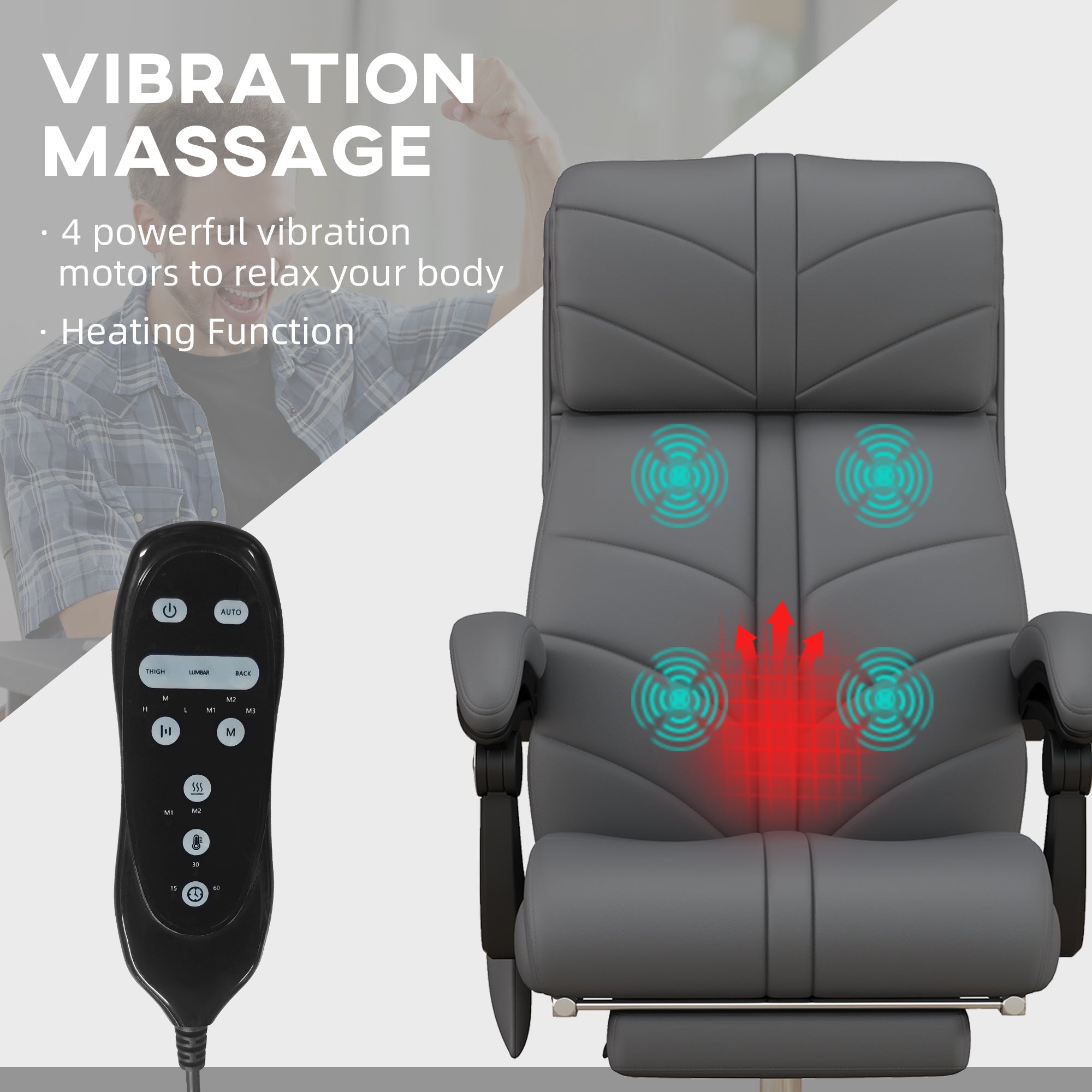 Vinsetto High Back Vibration Massage Office Chair, Heated Reclining PU Leather Computer Chair with Footrest, Grey