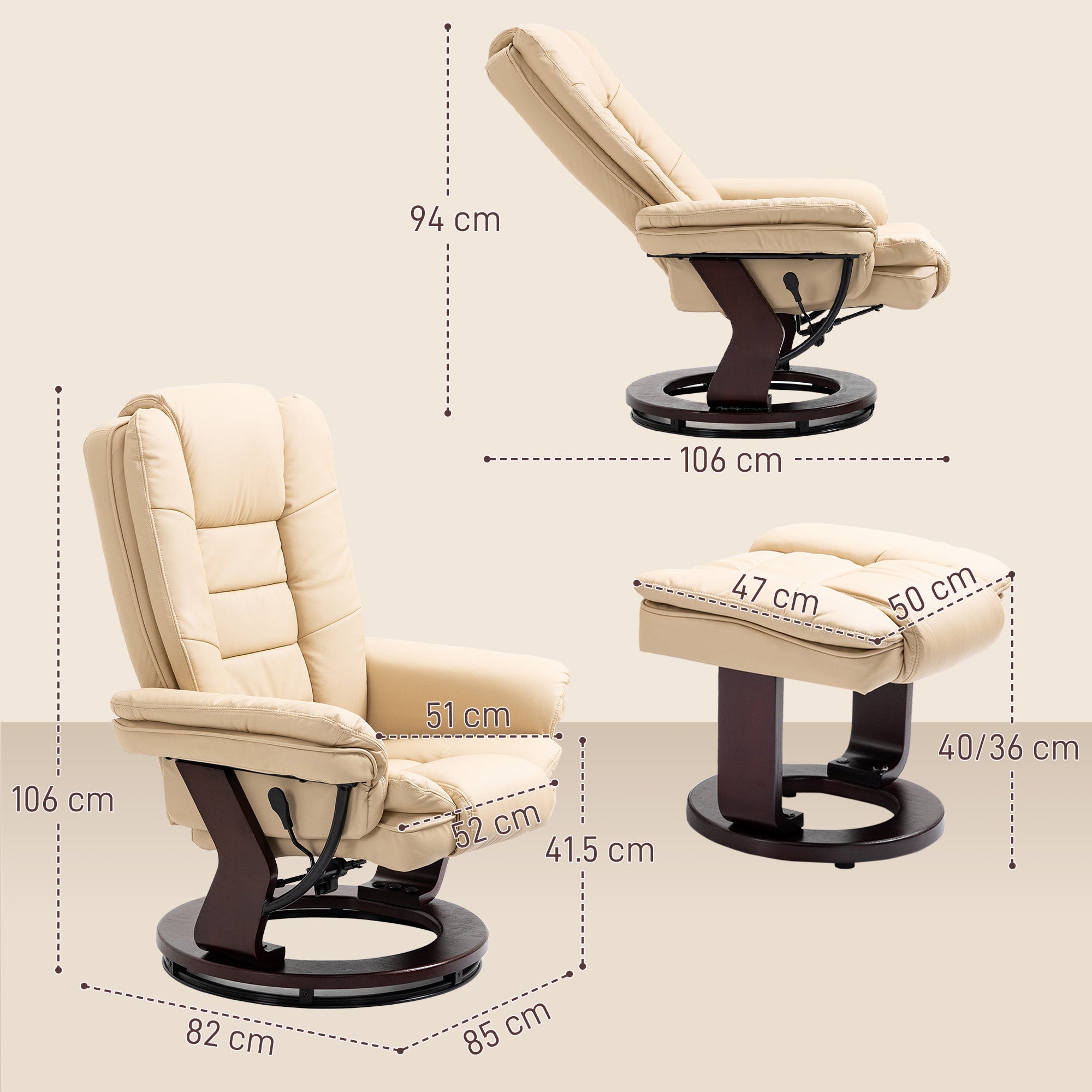 HOMCOM Faux Leather Extra-Padded Reclining Chair & Footstool Beige - North Peak Garden Furniture