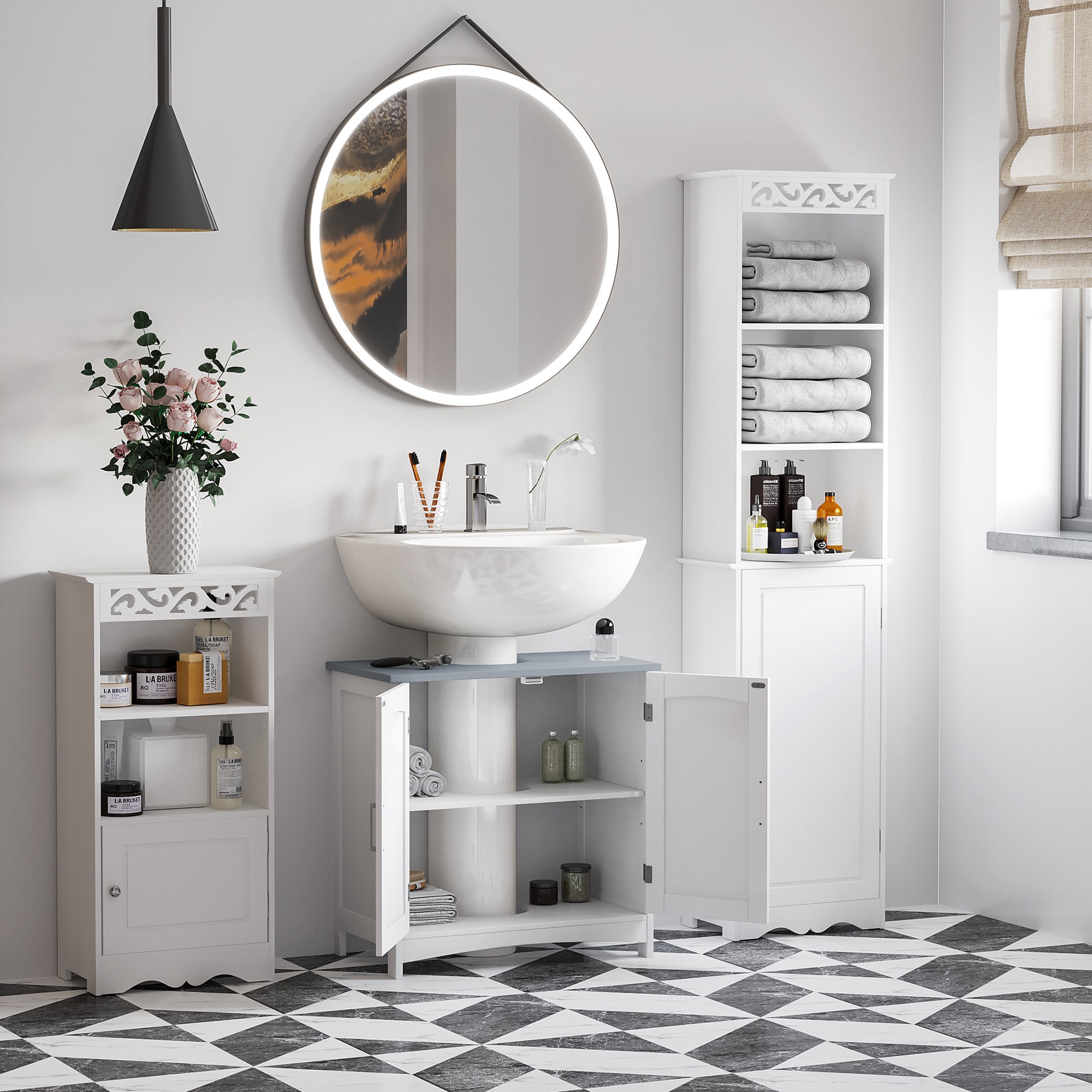 kleankin Pedestal Under Sink Cabinet with Double Doors, Modern Bathroom Vanity Unit, Storage Cupboard with Adjustable Shelves, White - North Peak Garden Furniture