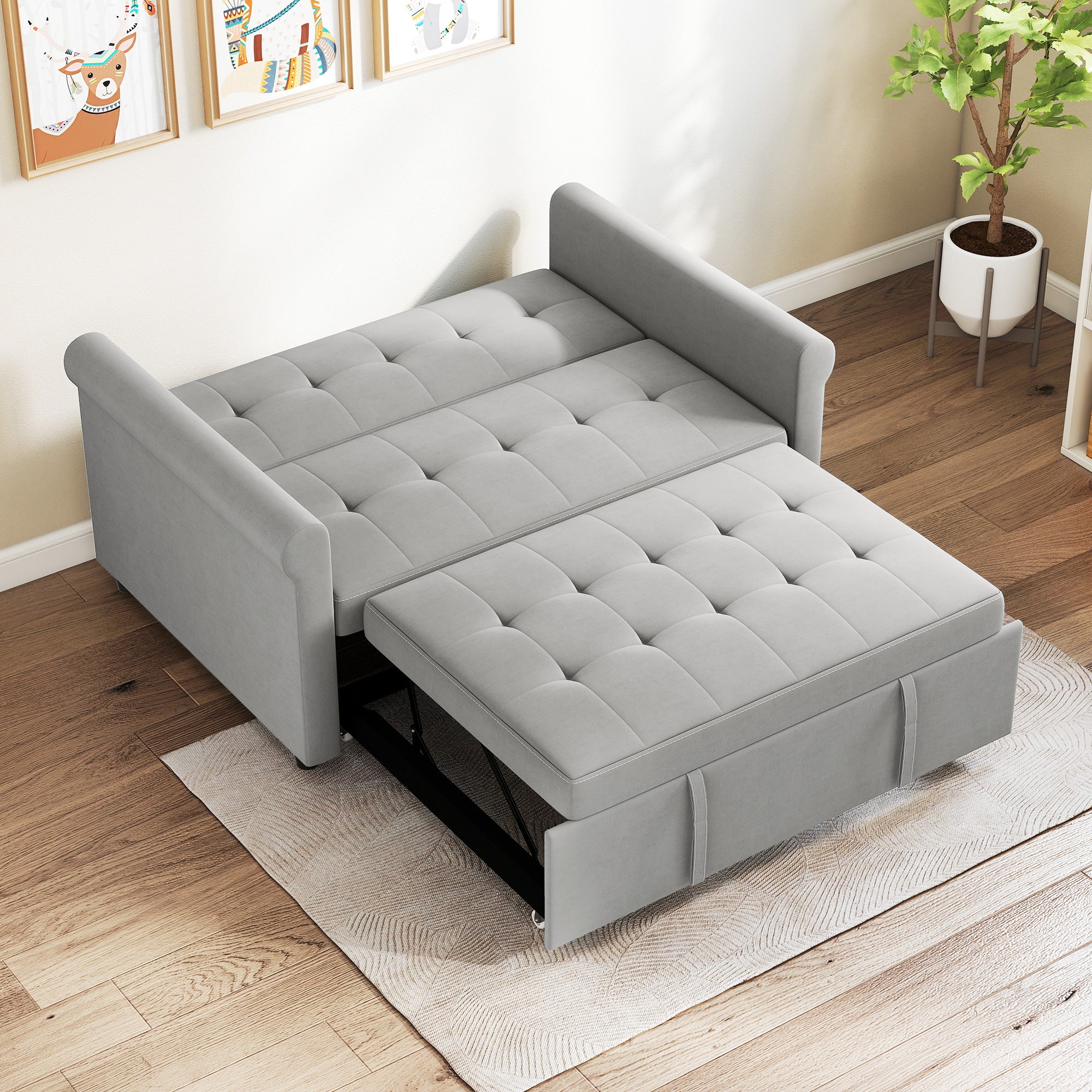 HOMCOM Two-Seater Velvet-Feel Sofa Bed - Grey