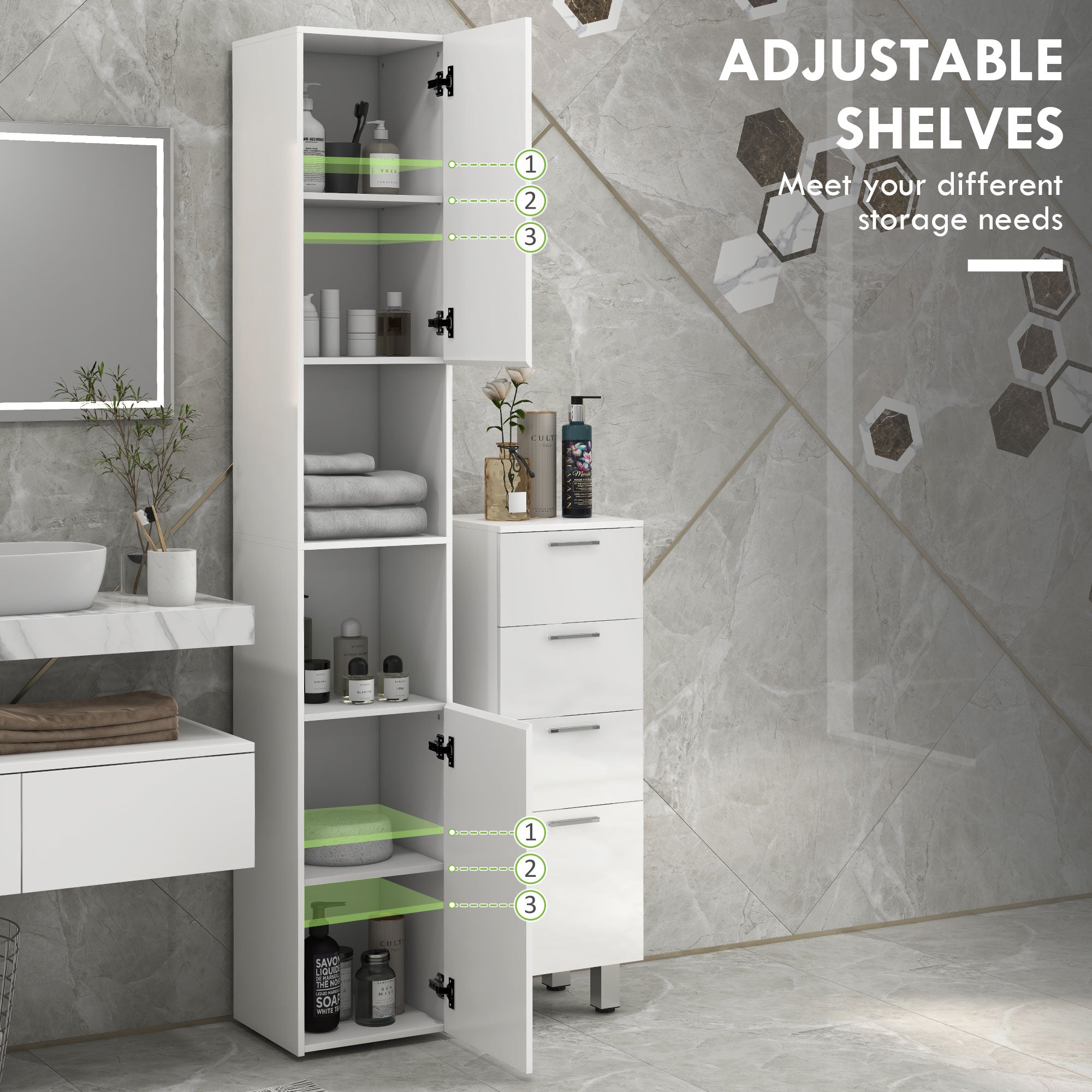 kleankin Multi-Storage Slim Bathroom Cabinet - High Gloss White - North Peak Garden Furniture