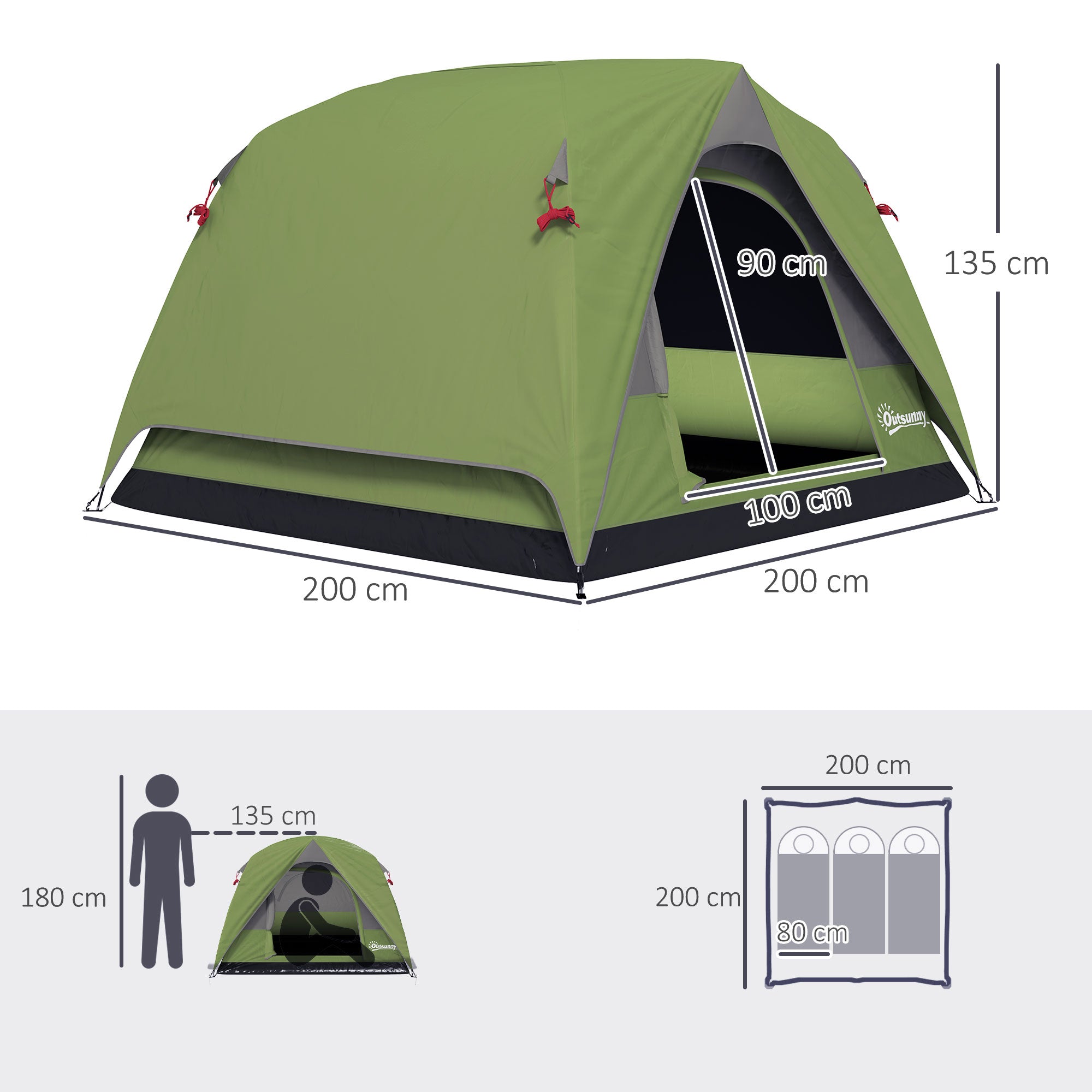 Outsunny 3-4 Person Camping Tent, Easy Set Up Waterproof Dome Tent with Sewn-in Groundsheet, Mesh Windows, Pocket and Hook for Camping, Hiking, Backpacking, Olive Green and Grey - North Peak Garden Furniture