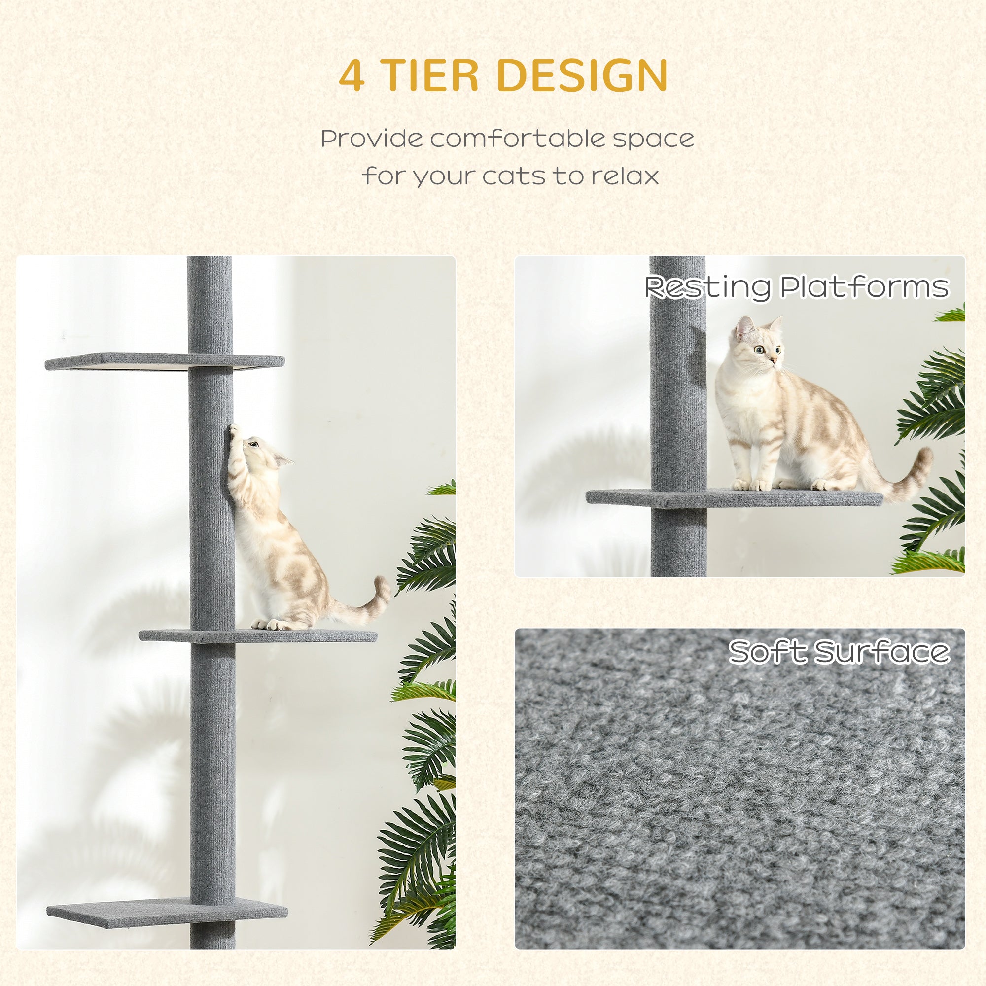 PawHut 260cm Floor To Ceiling Cat Tree for Indoor Cats w/ Three Platforms Activity Centre - Grey - North Peak Garden Furniture