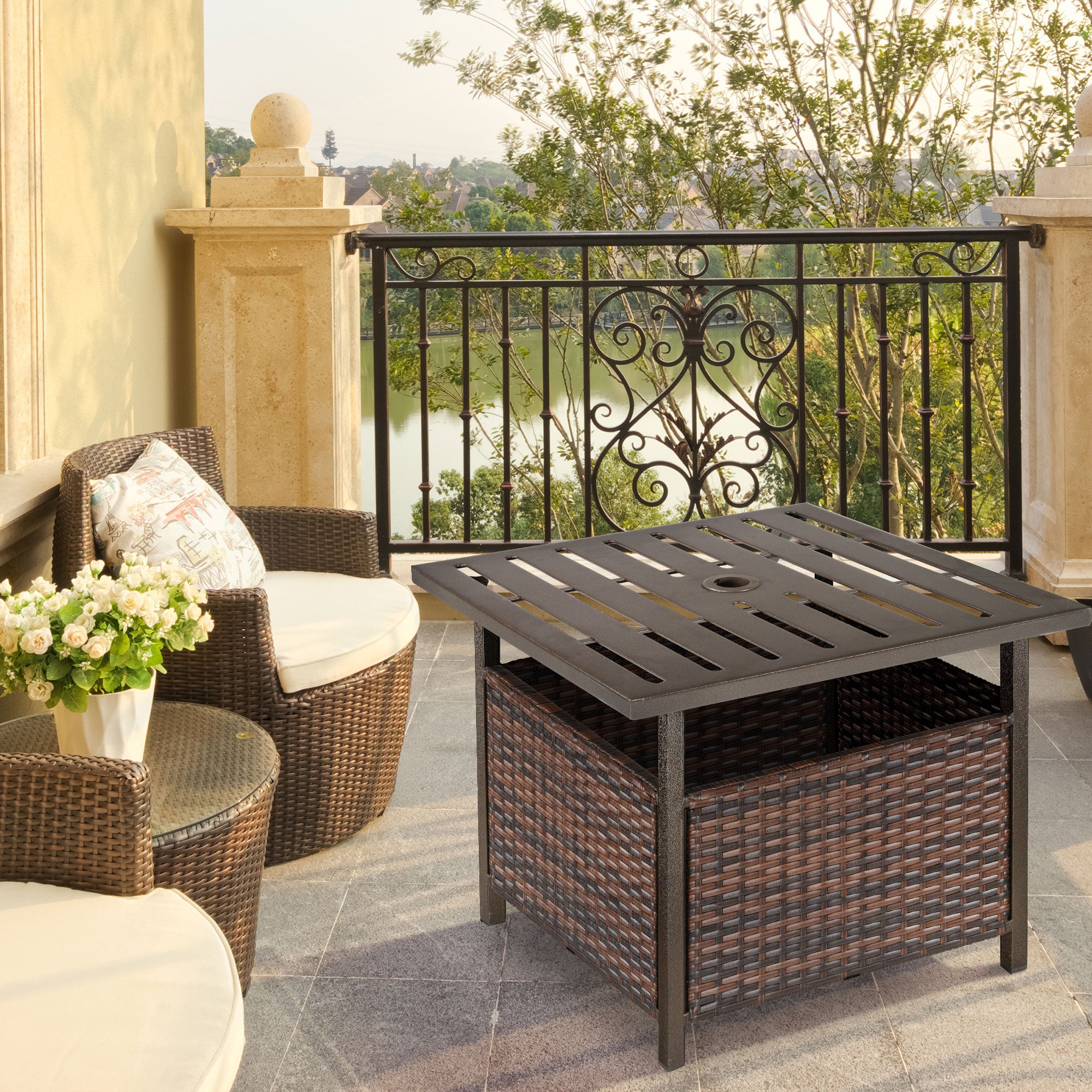 Outsunny Outdoor Rattan Wicker Patio Coffee Table w/ Umbrella Hole Suitable for Garden Backyard Brown - North Peak Garden Furniture