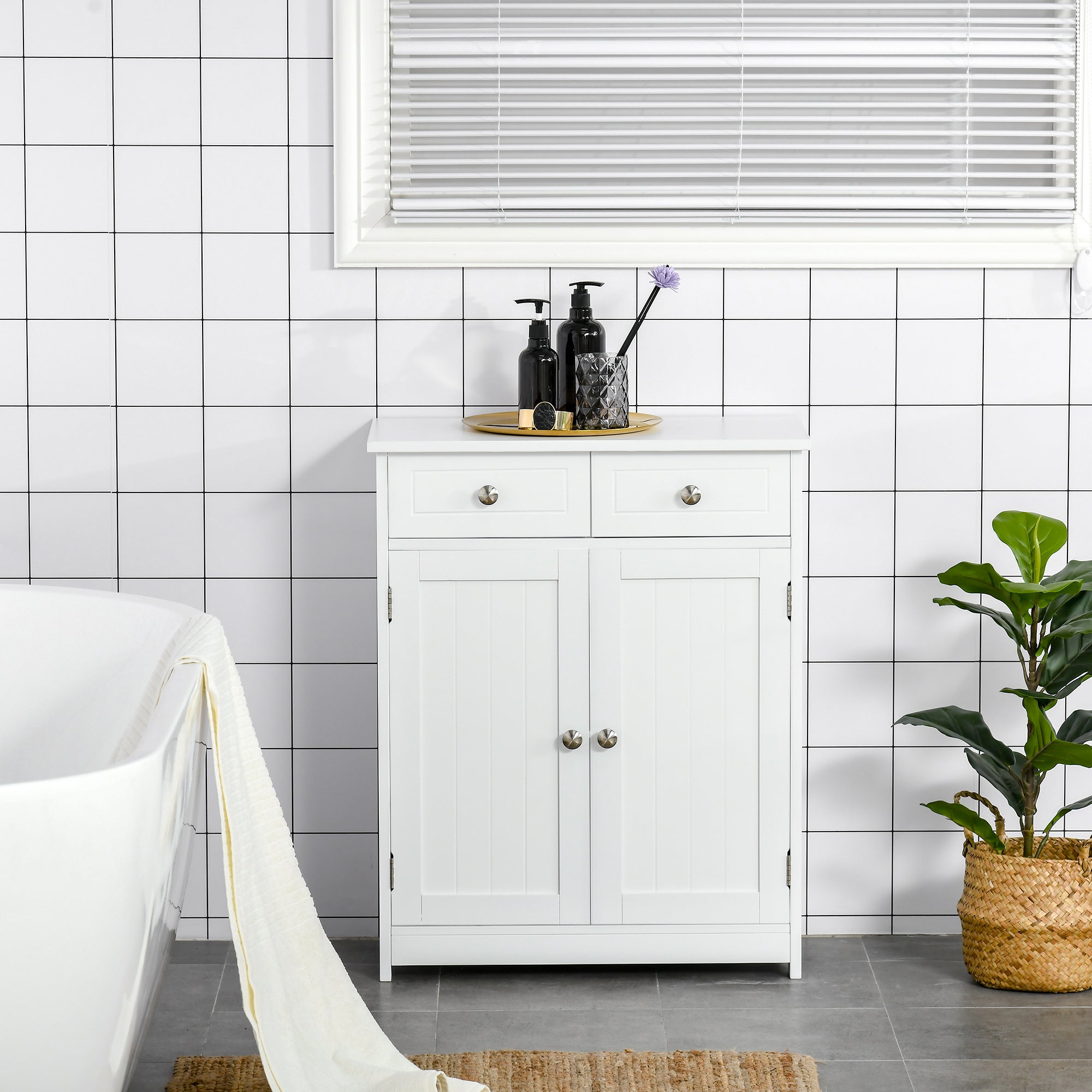 kleankin 75x60cm Freestanding Bathroom Storage Cabinet Unit w/ 2 Drawers Cupboard Adjustable Shelf Metal Handles Traditional Style White - North Peak Garden Furniture