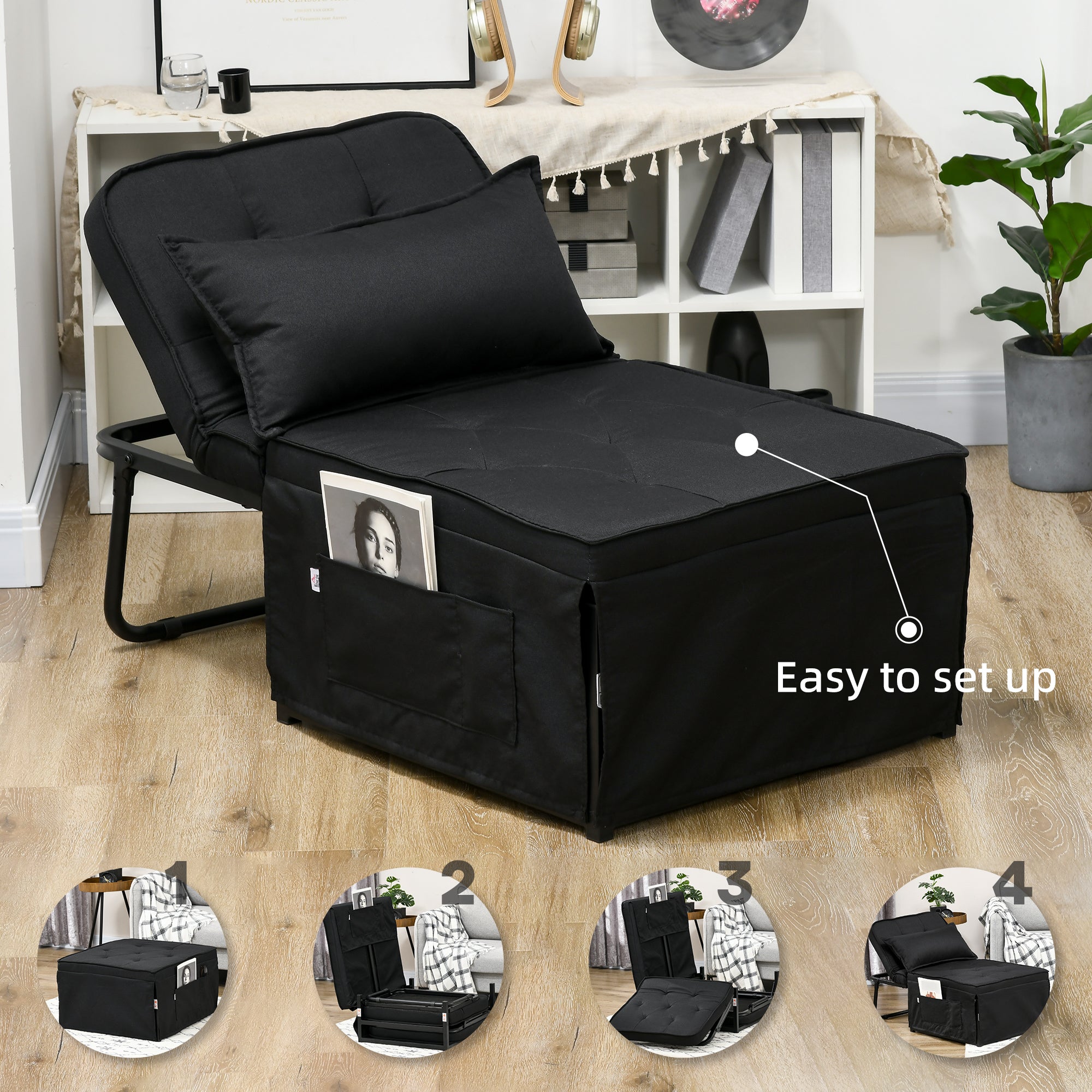 HOMCOM Fabric Sleeper Chair, Folding Chair Bed with Adjustable Backrest, Pillow, Side Pockets for Living Room, Black - North Peak Garden Furniture
